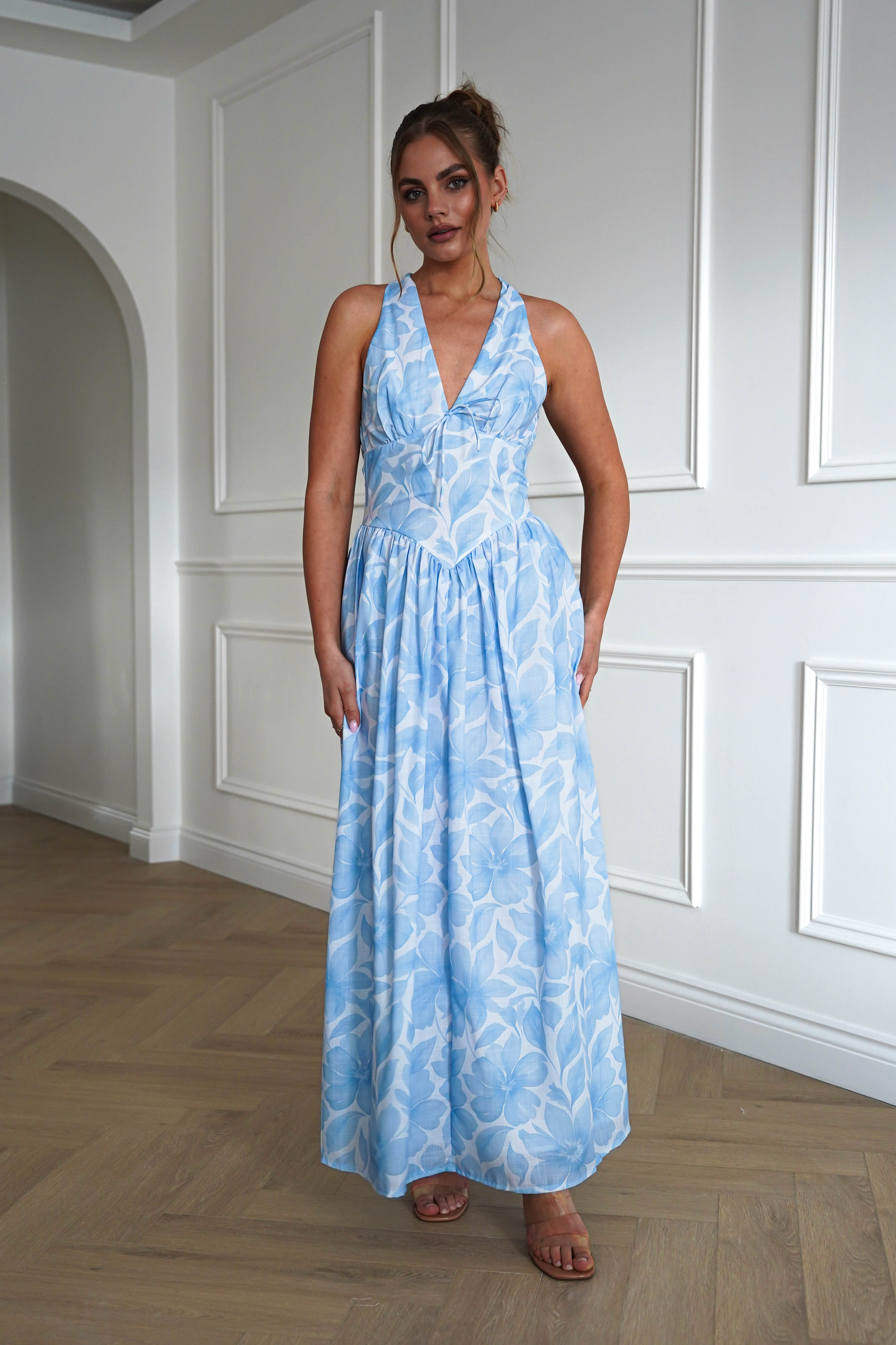 Oh Hello Clothing Dresses > Prom Dresses 1*DONE-INIKAH-ST5286JK03- Blue Floral Halterneck Midi Dress