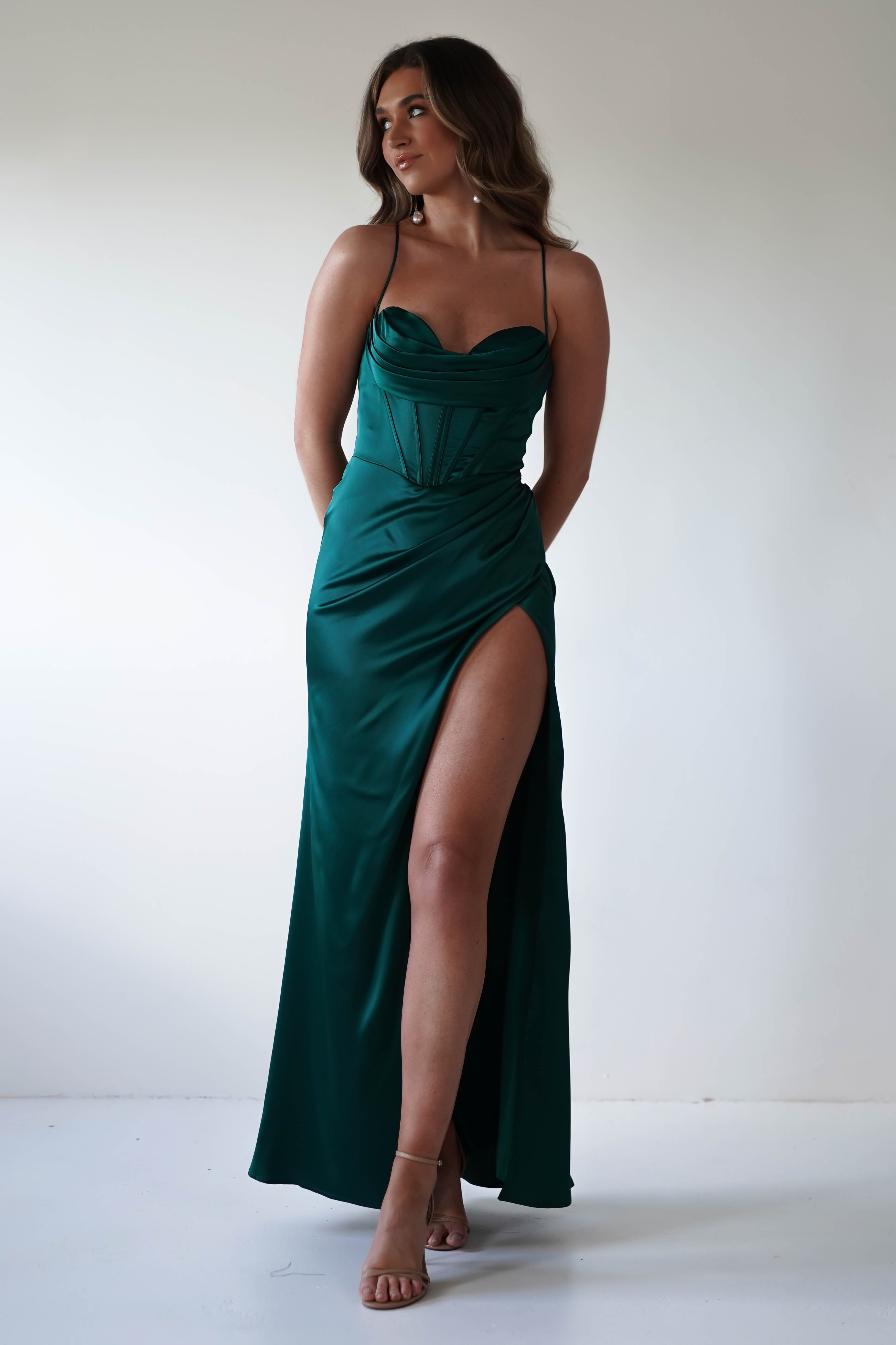 Julianne Corset Satin Gown | Emerald Green