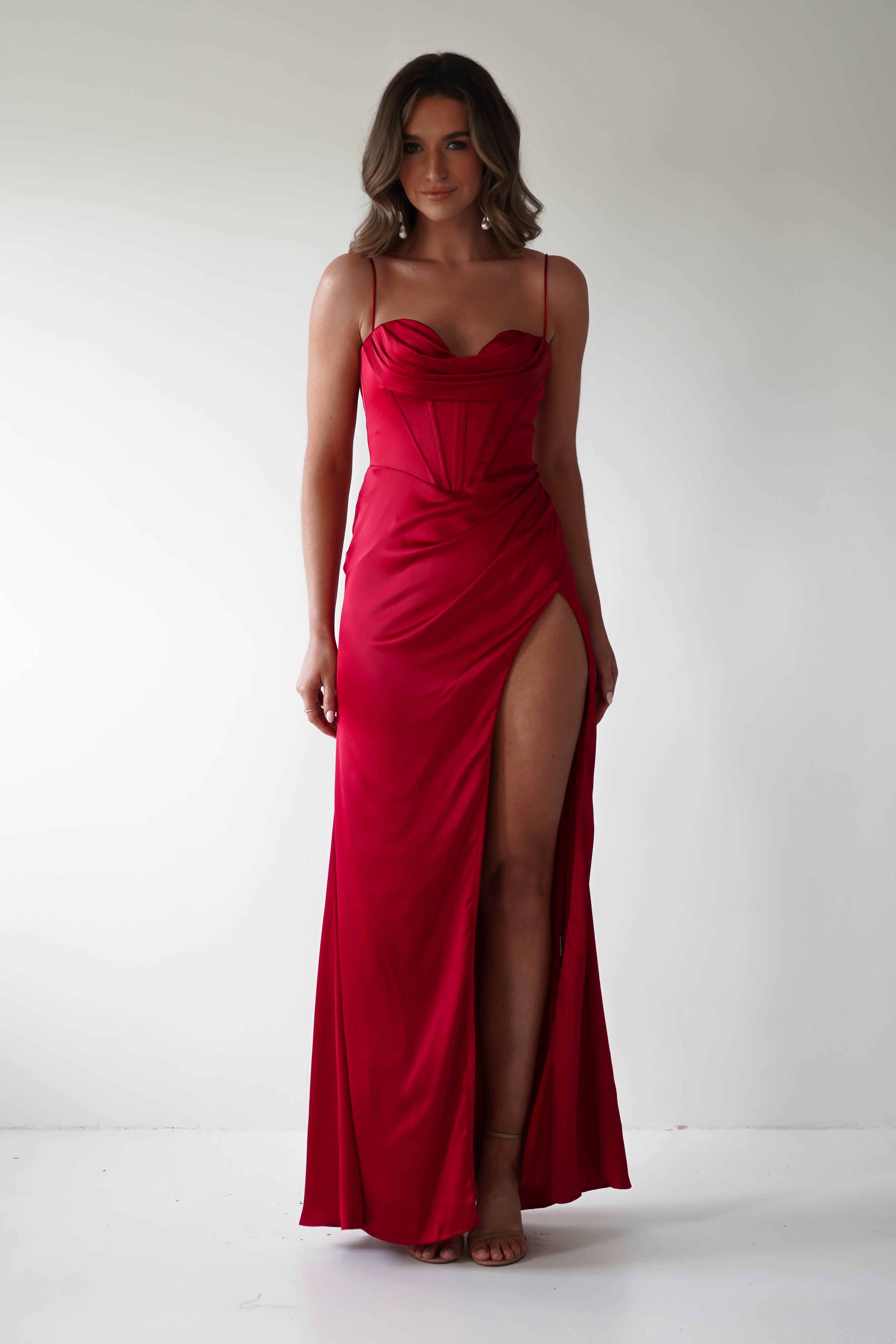 Julianne Corset Satin Gown | Red