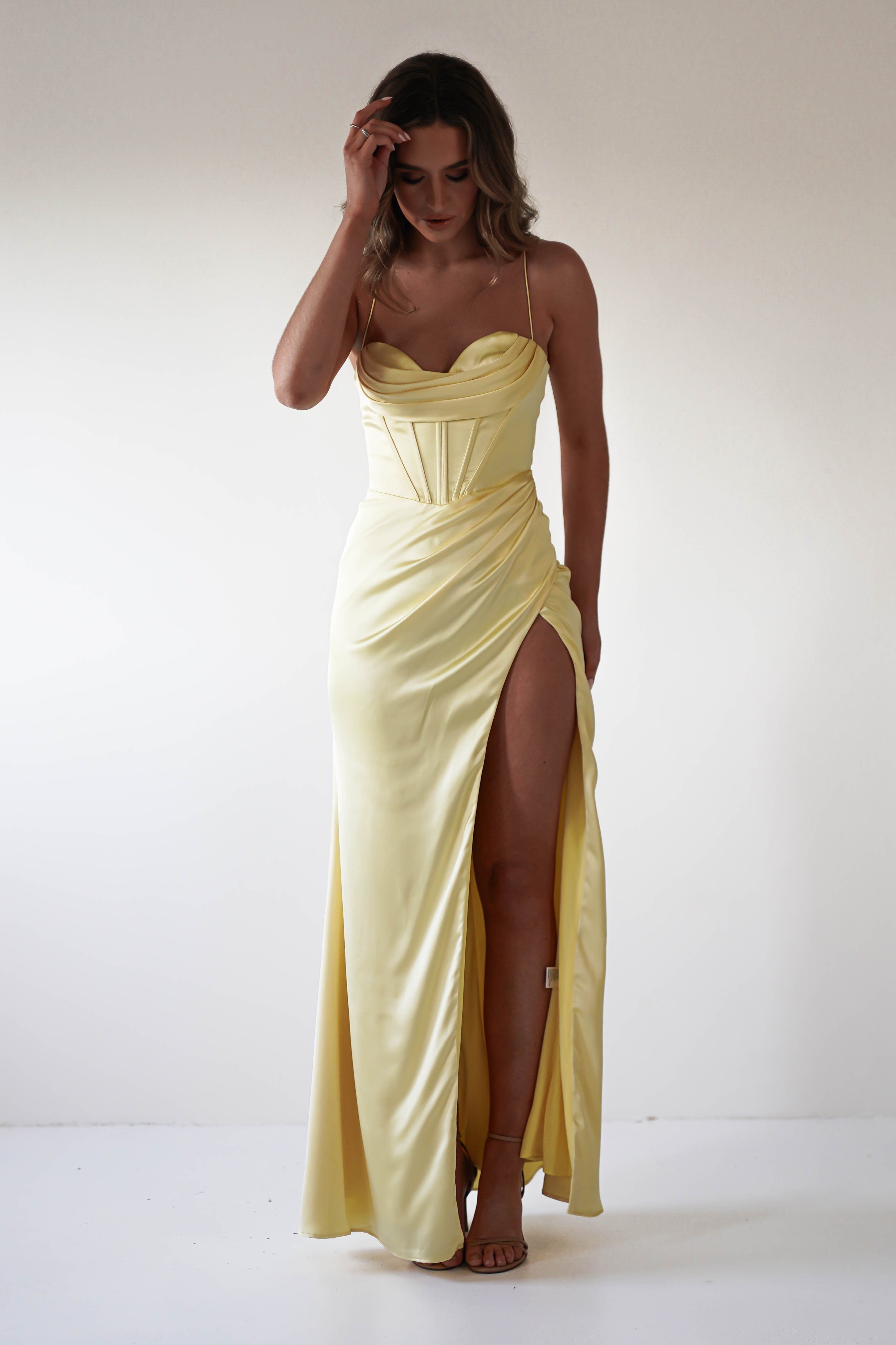 Julianne Corset Satin Gown | Yellow