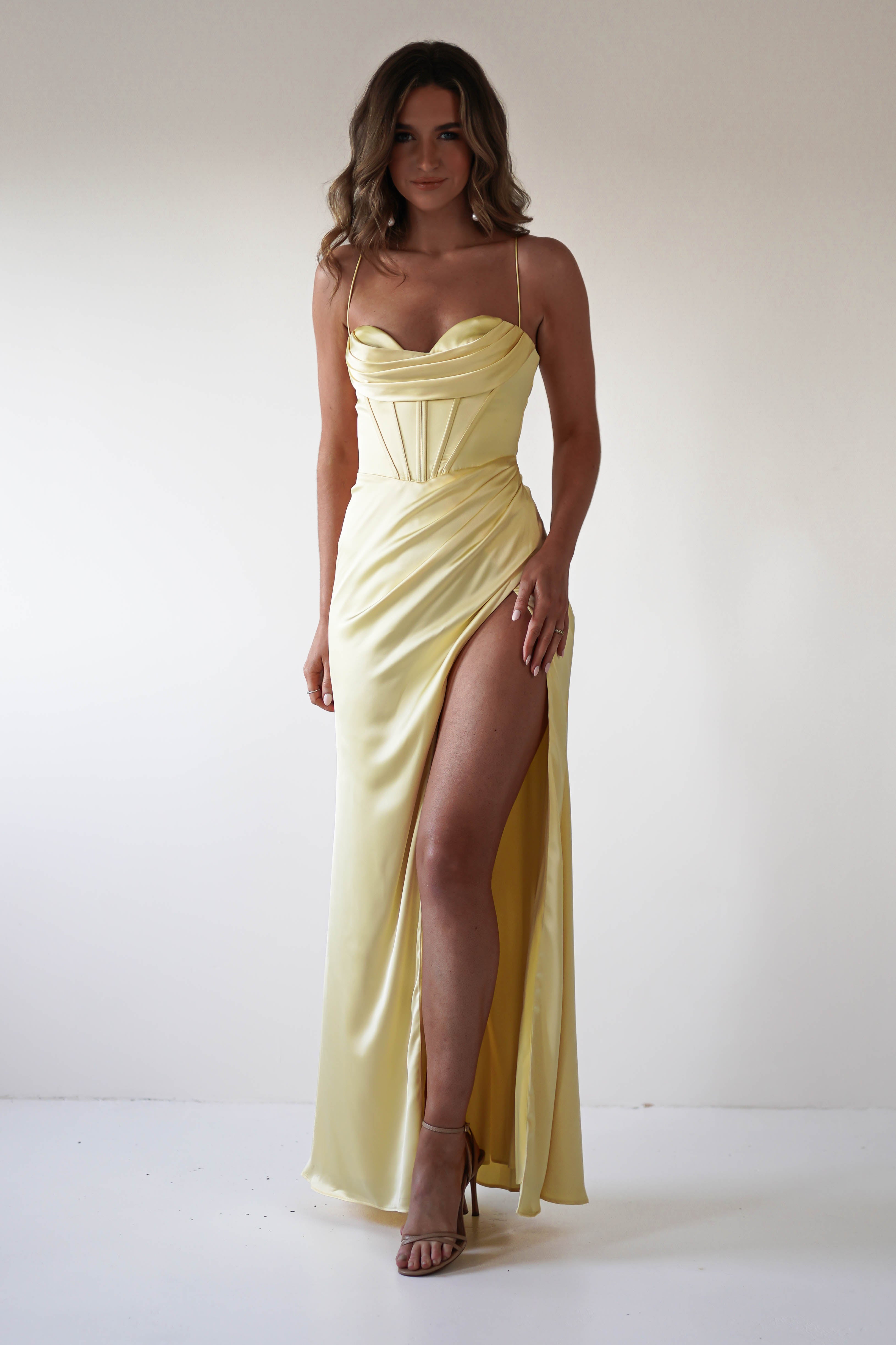 Julianne Corset Satin Gown | Yellow