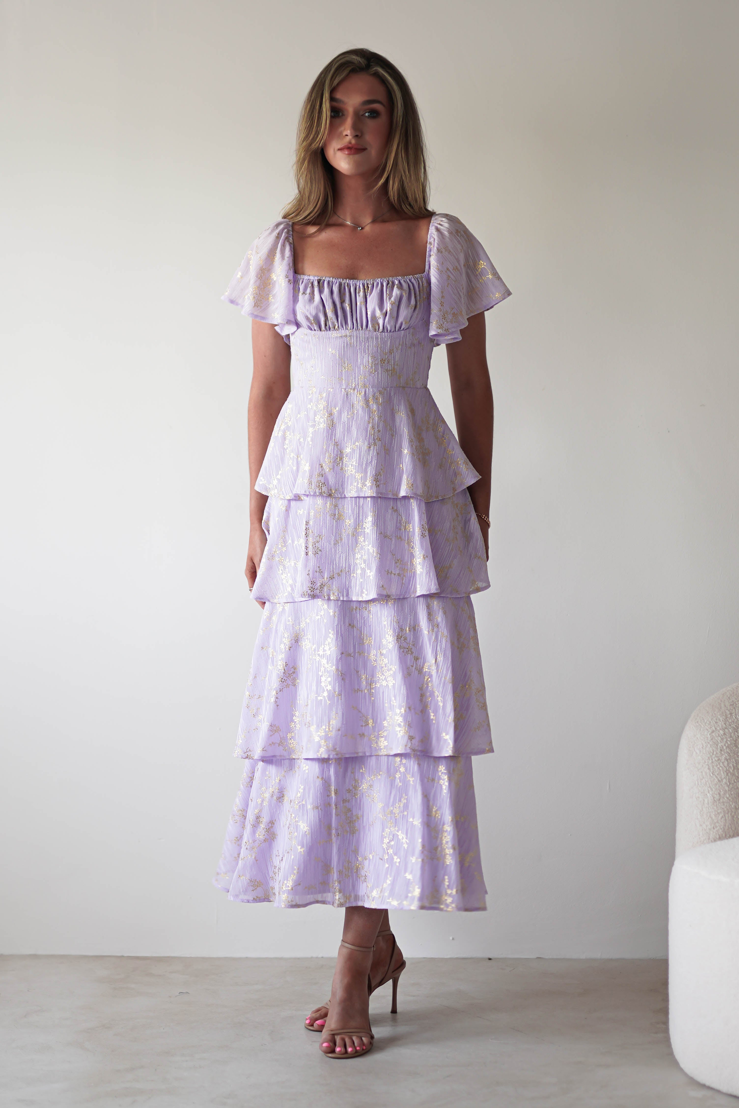 Mirielle Gold Detail Ruffle Maxi Dress | Lilac