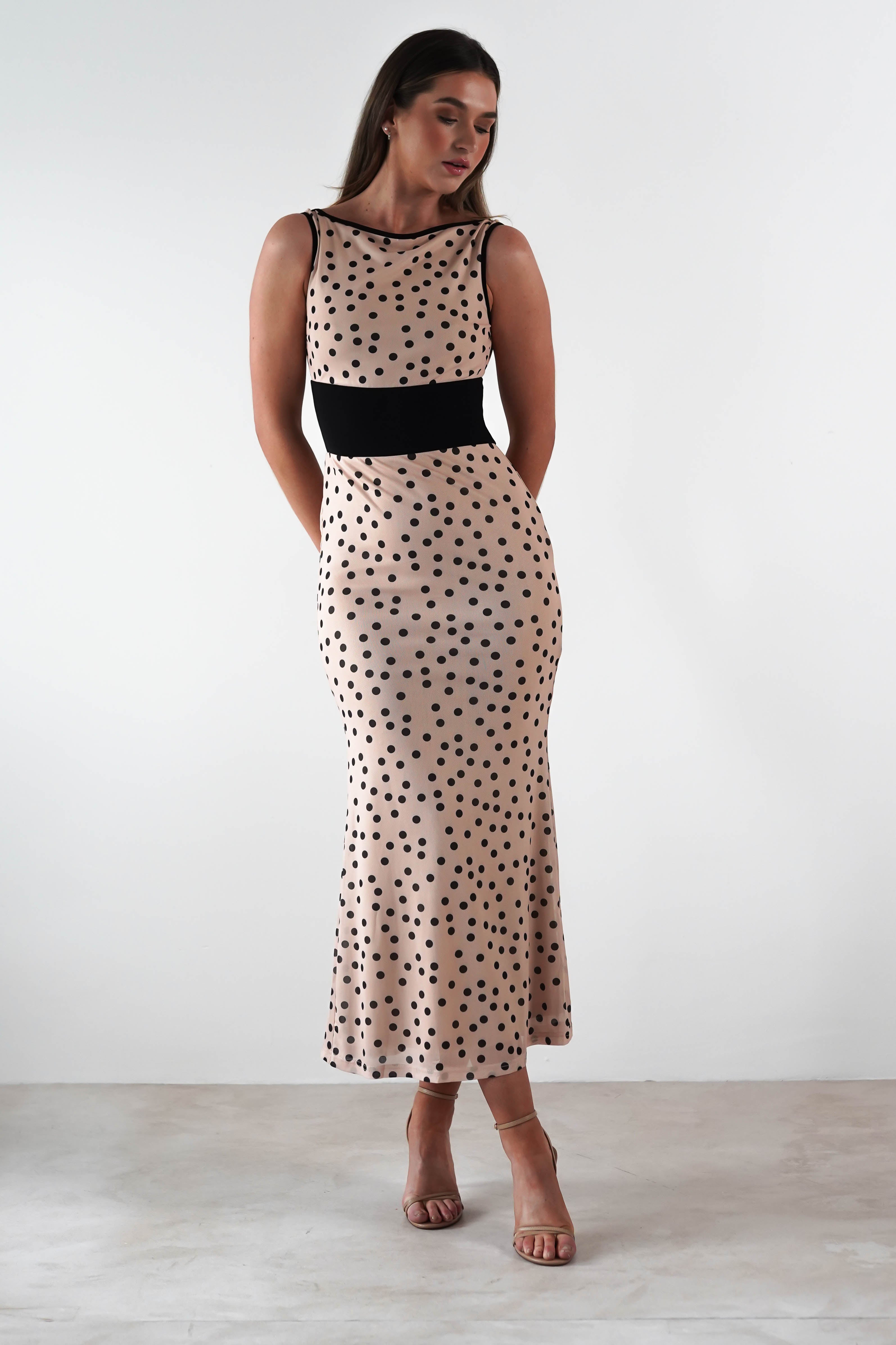 Bianca Polka Dot Mesh Maxi Dress | Beige