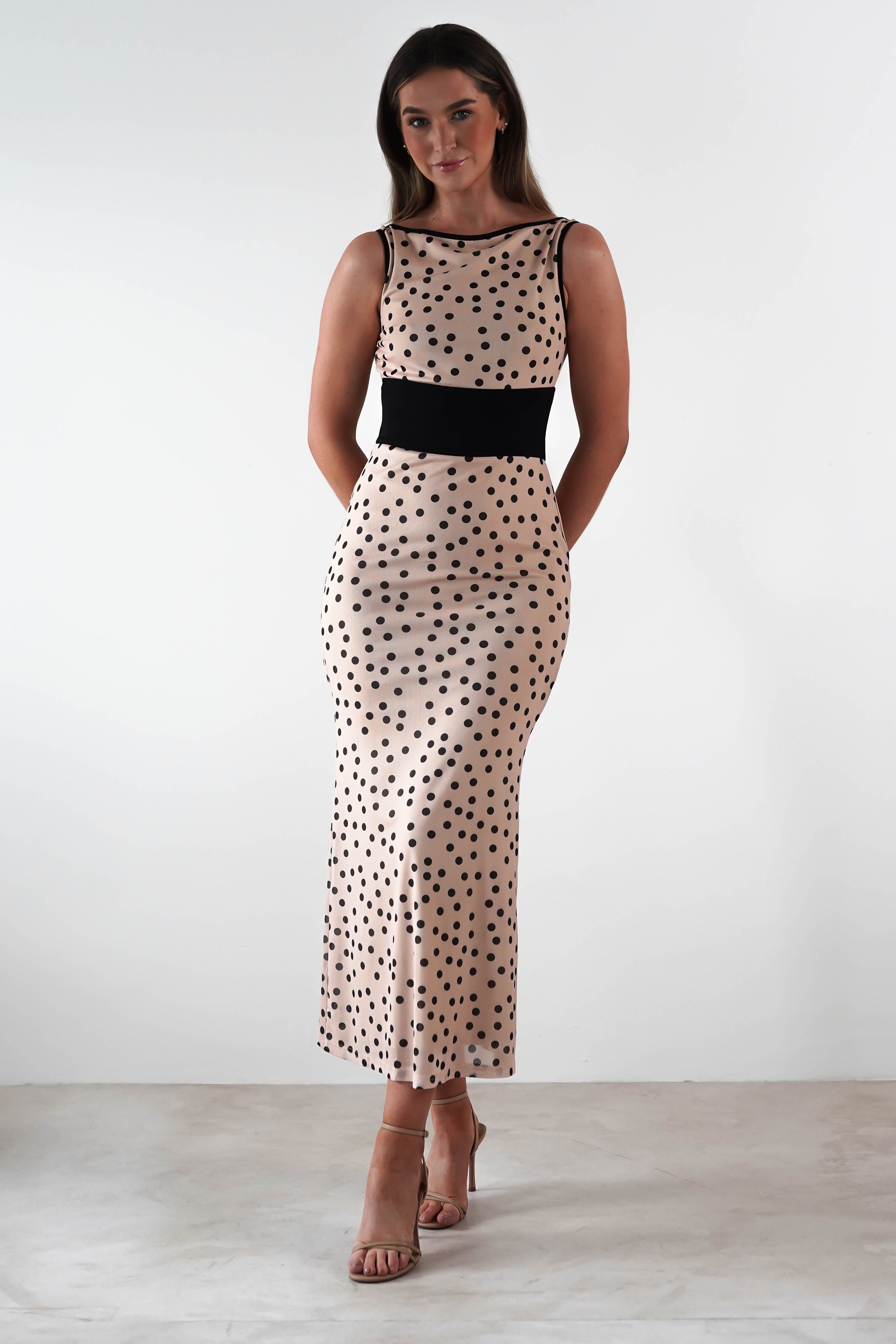 Bianca Polka Dot Mesh Maxi Dress | Beige