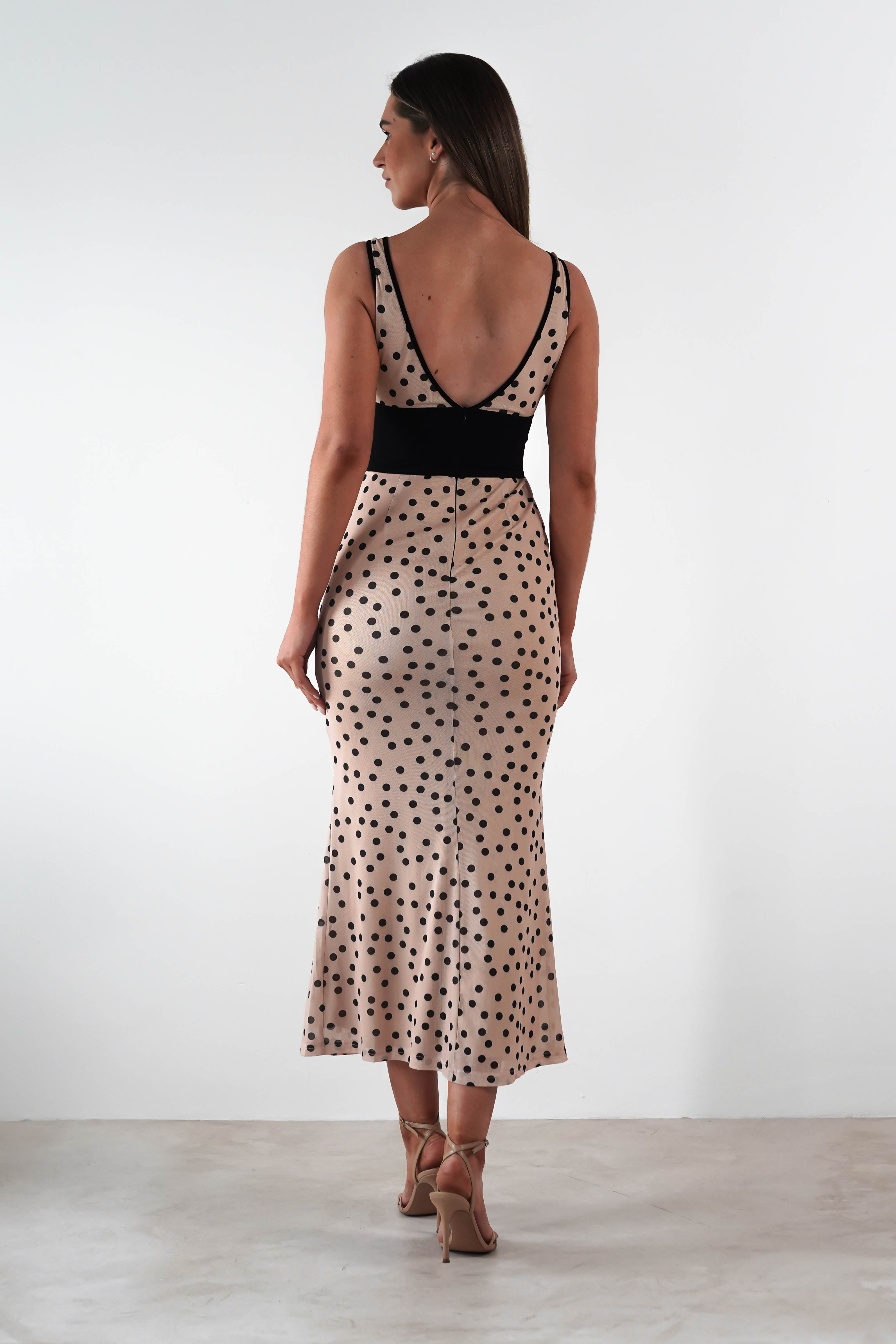 Bianca Polka Dot Mesh Maxi Dress | Beige