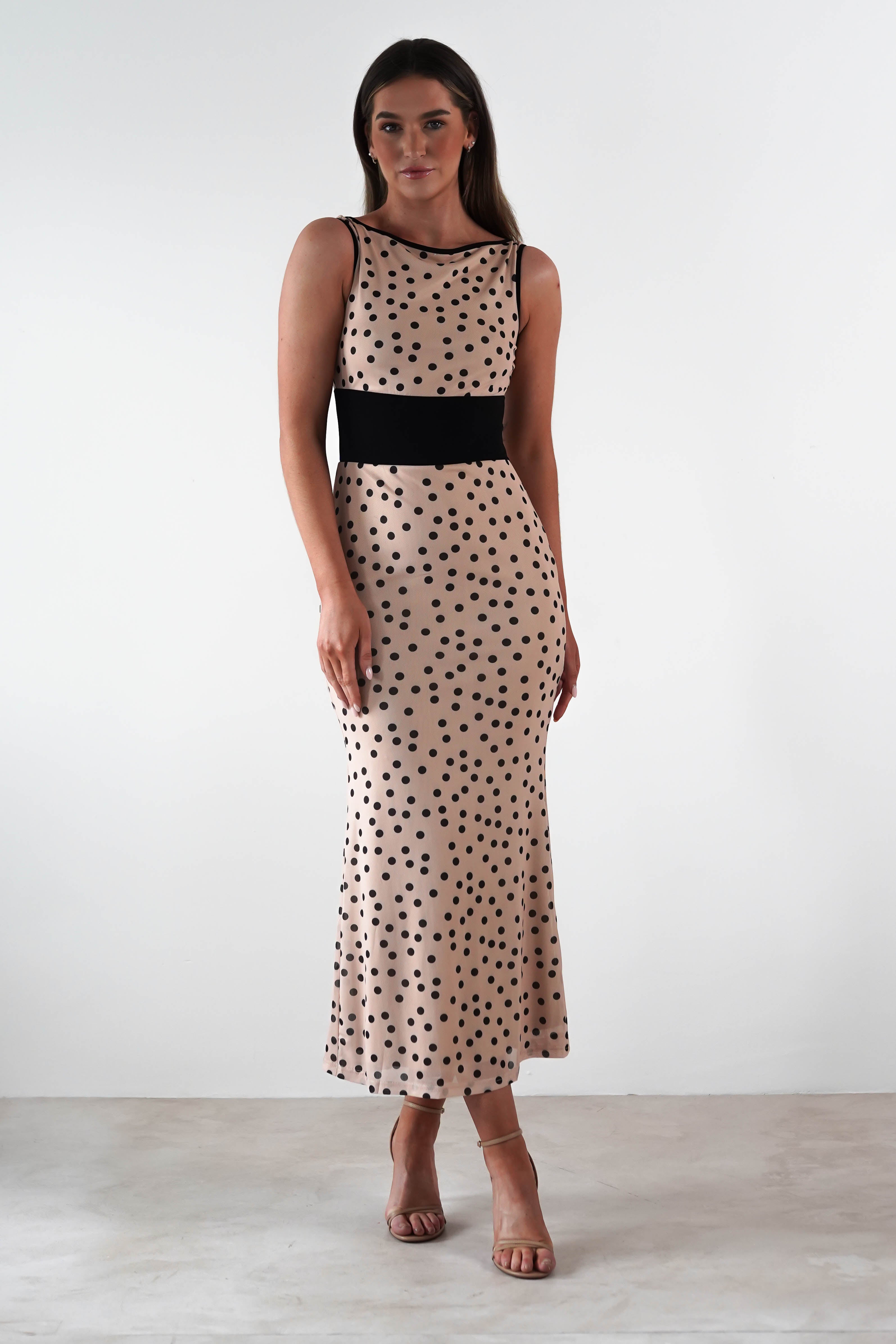 Bianca Polka Dot Mesh Maxi Dress | Beige