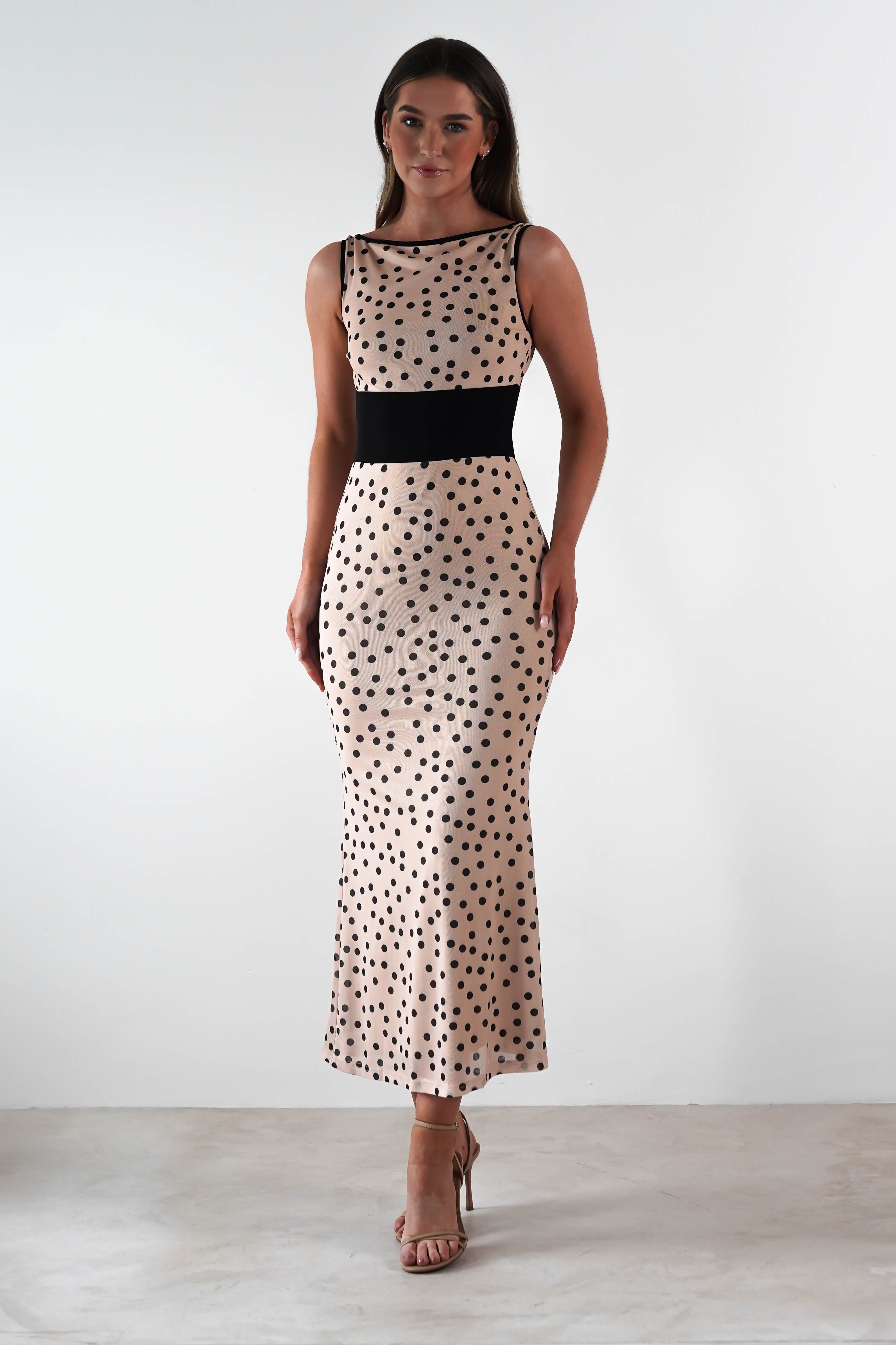 Bianca Polka Dot Mesh Maxi Dress | Beige