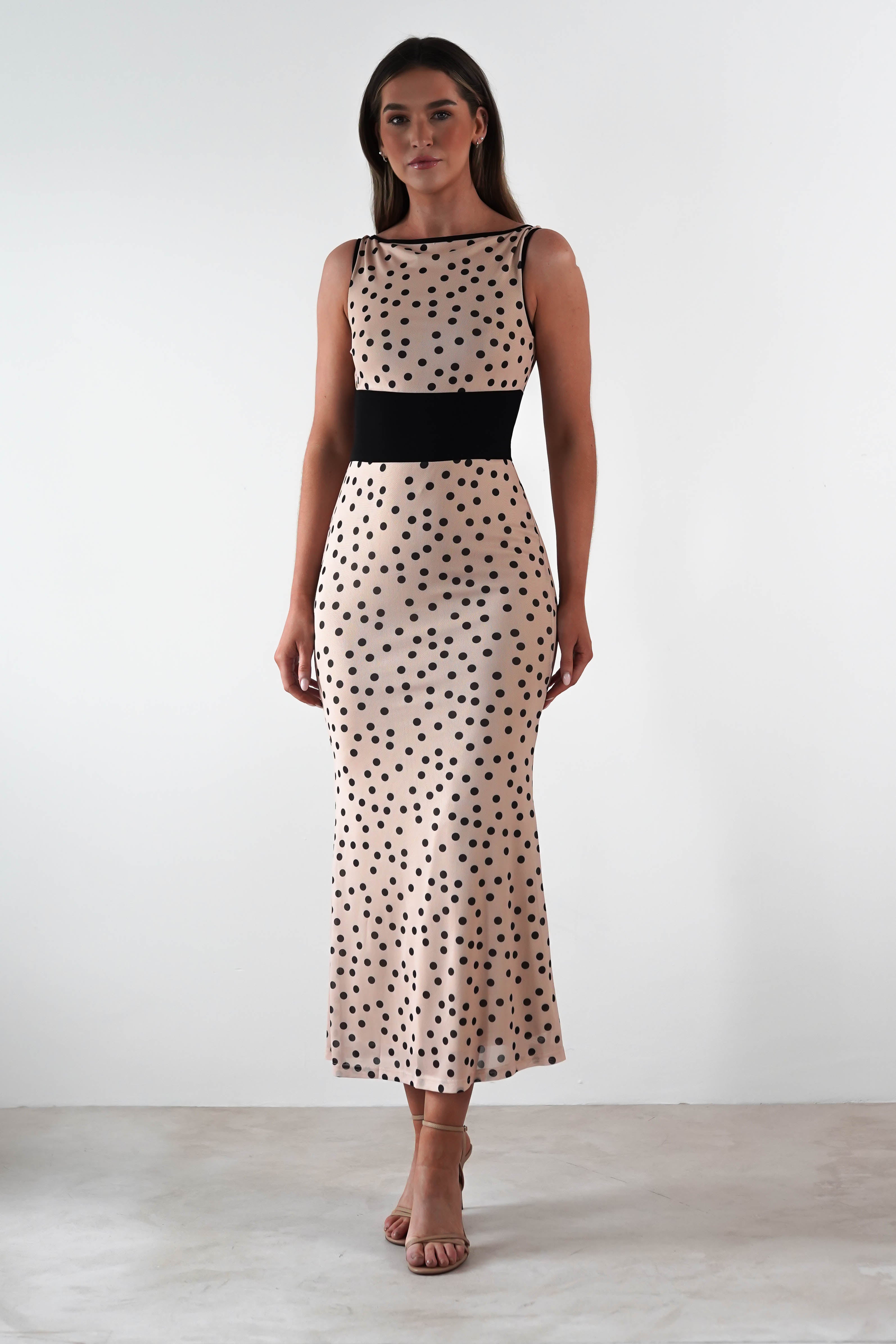 Bianca Polka Dot Mesh Maxi Dress | Beige