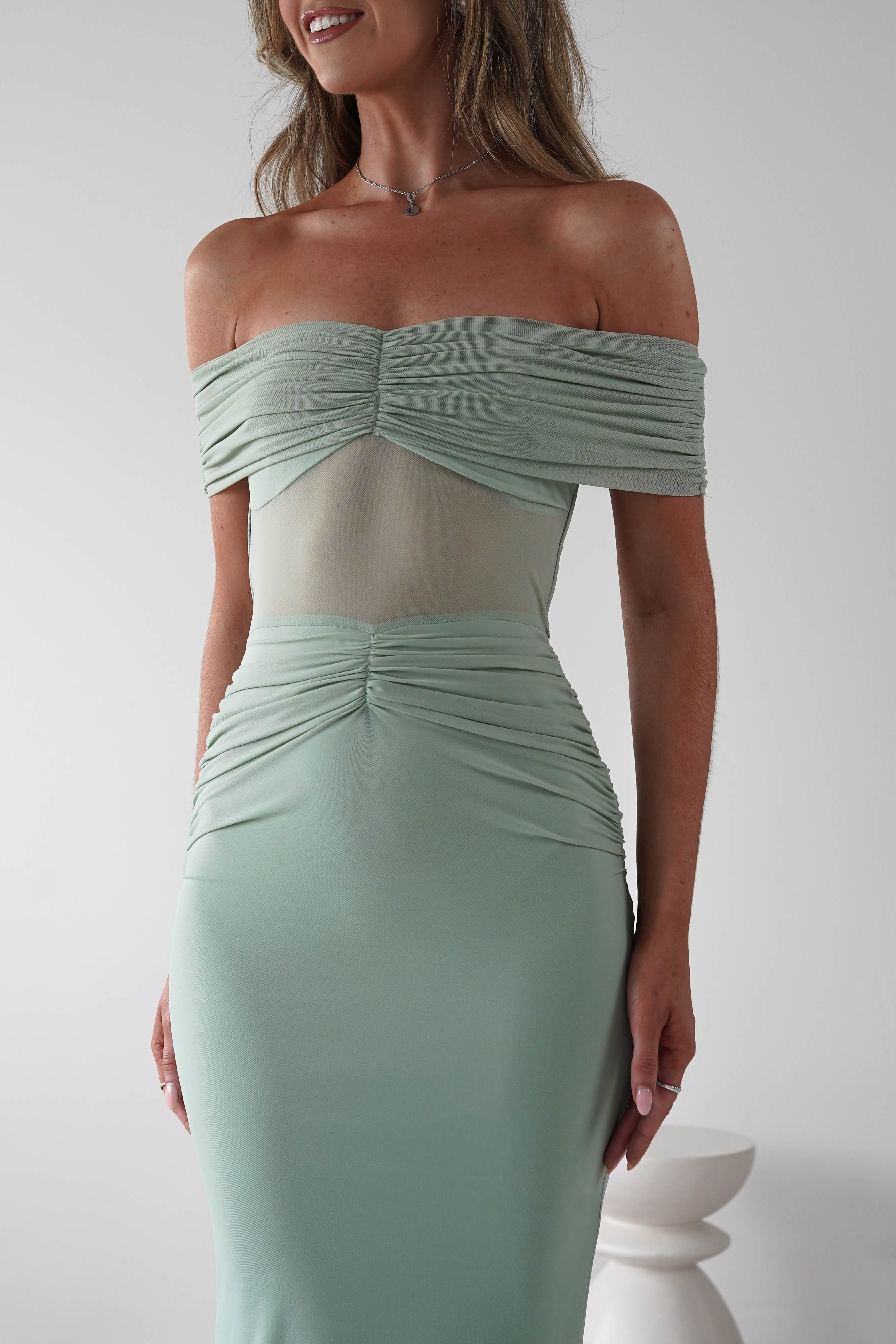 Shari Off The Shoulder Mesh Maxi | Sage | Oh Hello Clothing | XS (6)