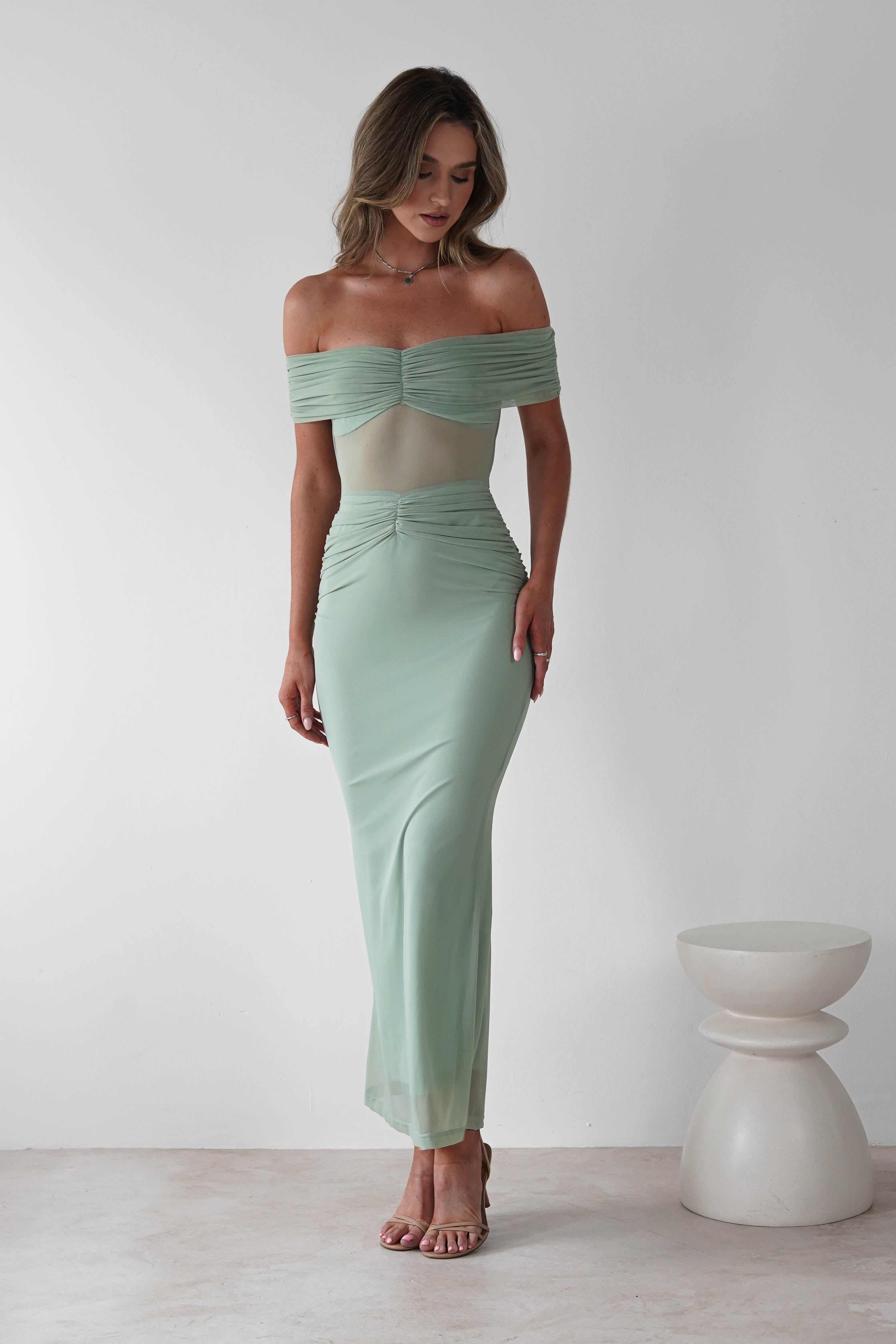 Shari Off The Shoulder Mesh Maxi | Sage | Oh Hello Clothing | XS (6)