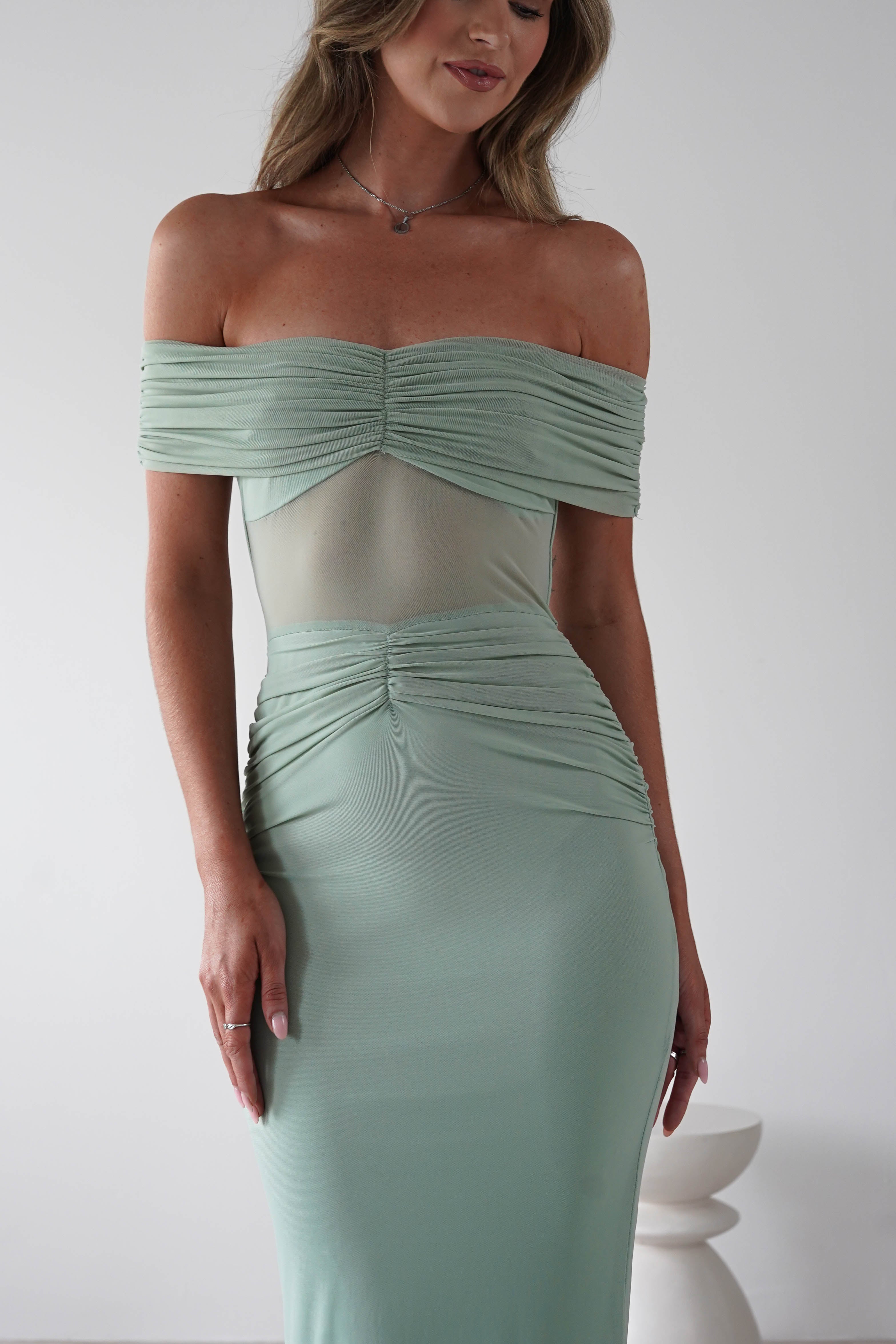 Shari Off The Shoulder Mesh Maxi | Sage | Oh Hello Clothing | XS (6)