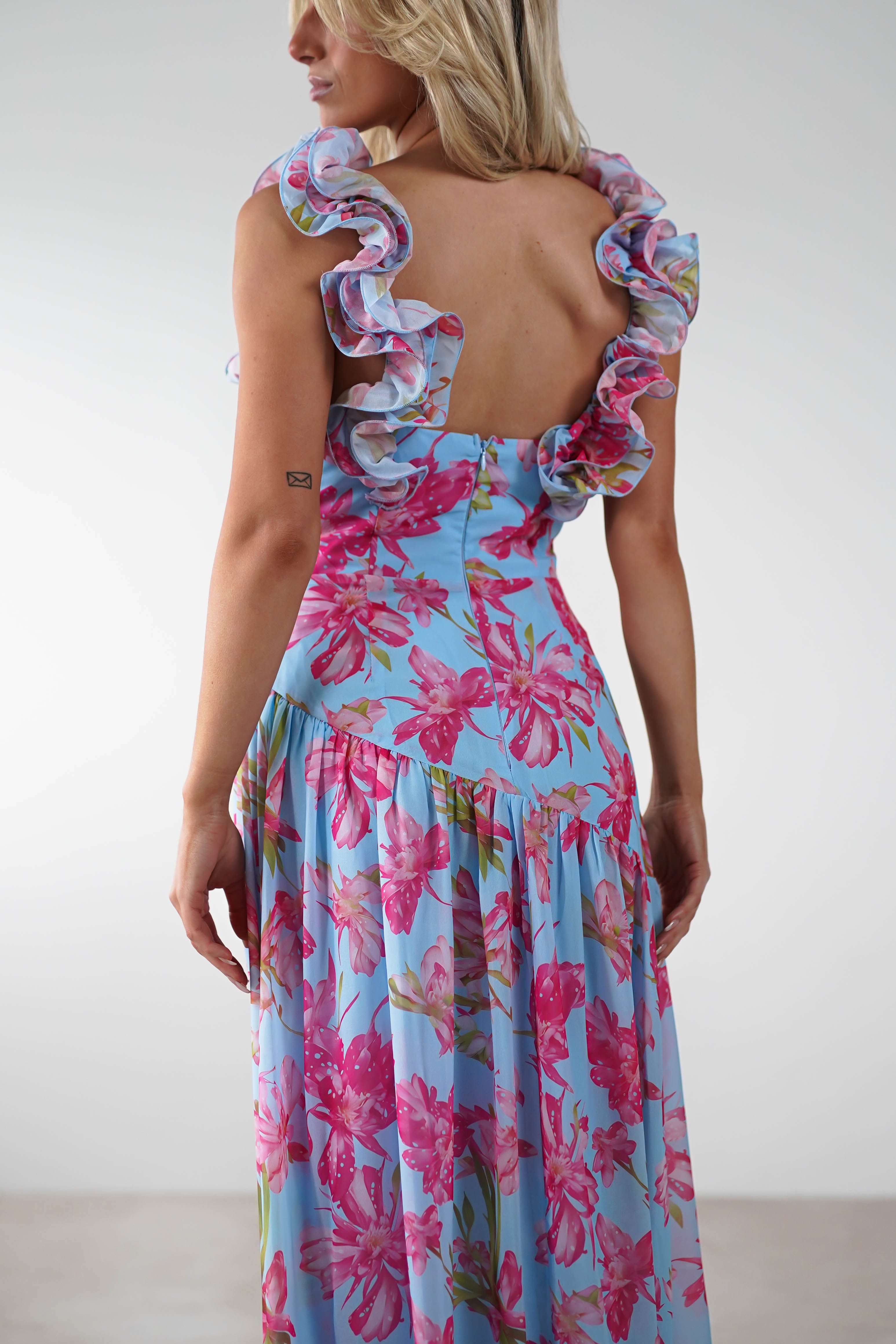 Karmen Ruffle Floral Midaxi Dress | Blue/Pink