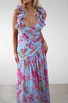 Karmen Ruffle Floral Midaxi Dress Blue/Pink | Wedding Guest Dress | Oh Hello Clothing