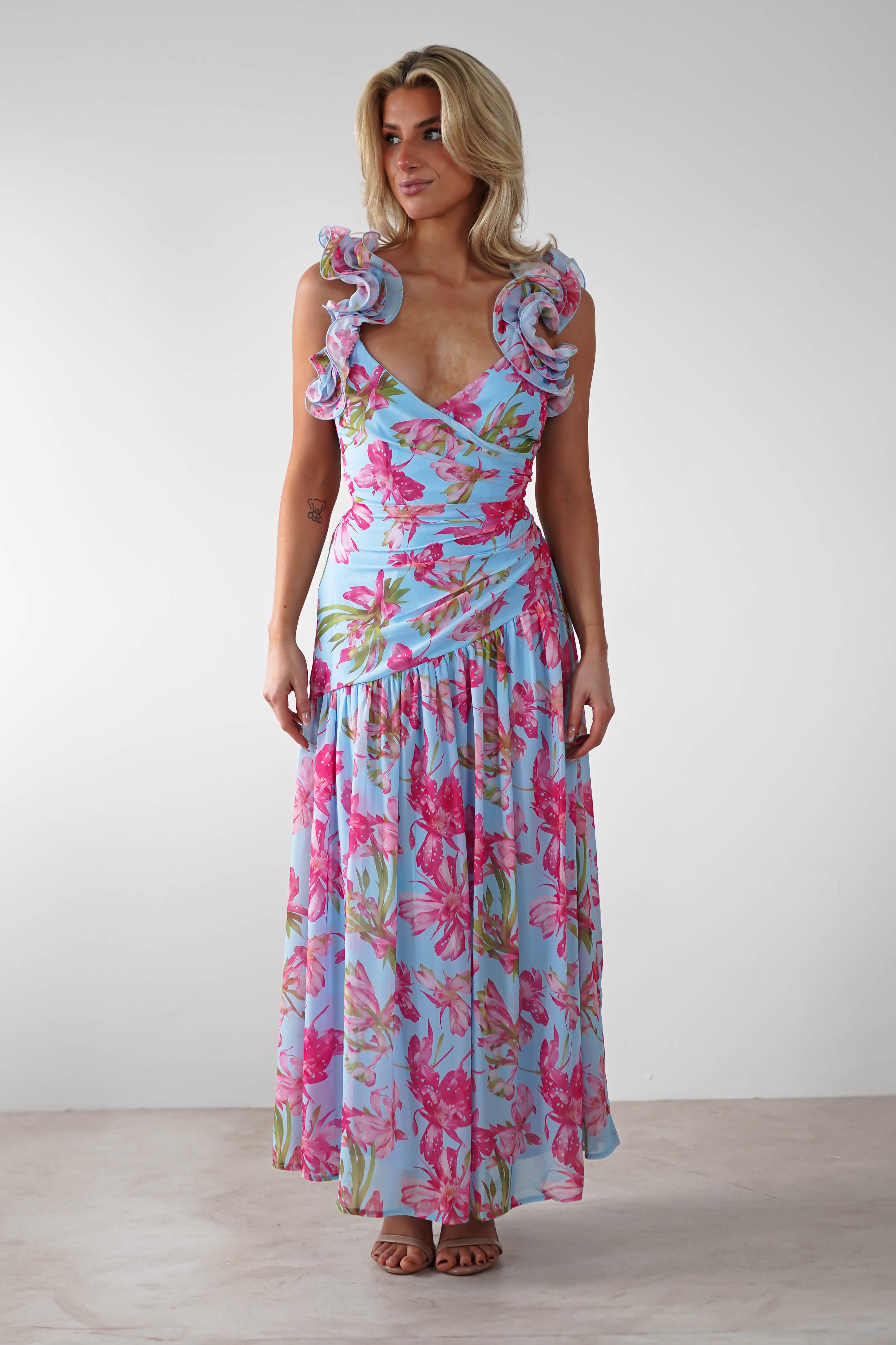 Karmen Ruffle Floral Midaxi Dress | Blue/Pink