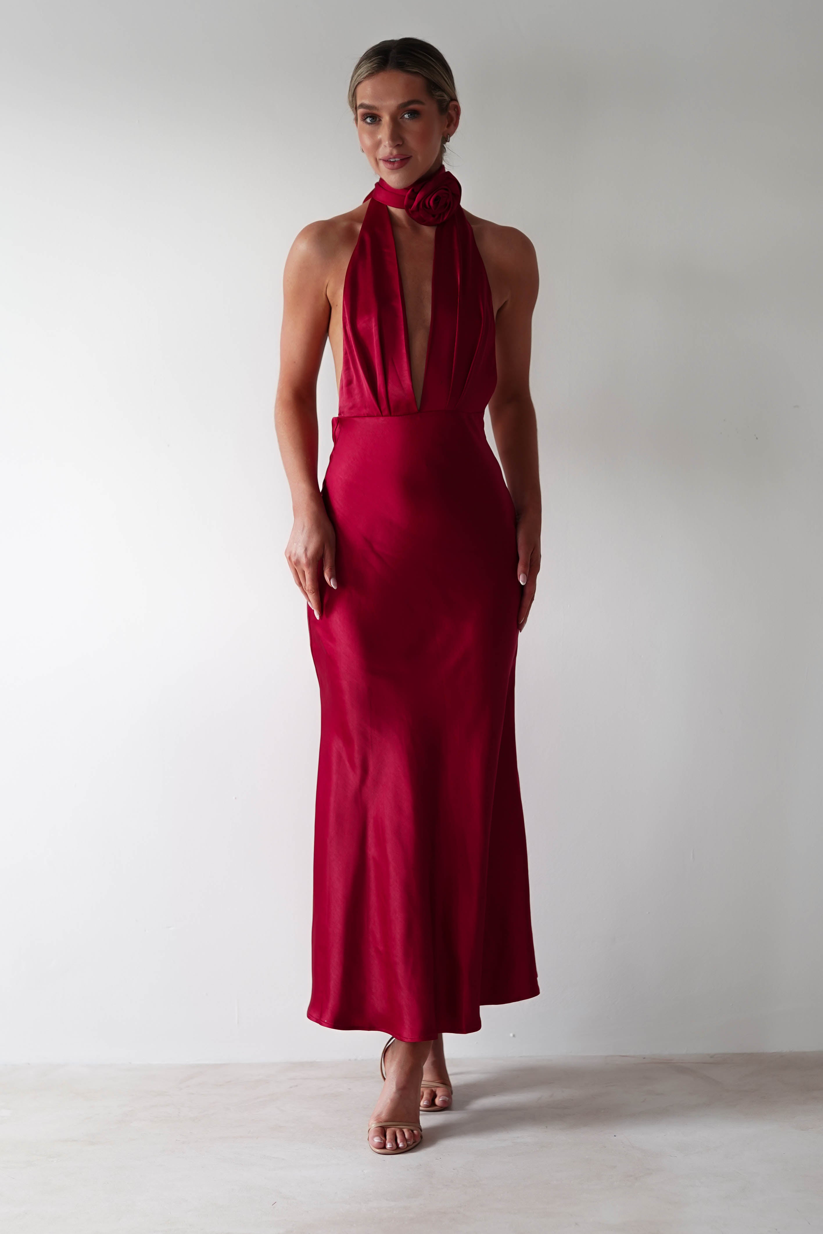 Kaylah Soft Satin Maxi Dress | Cherry Red