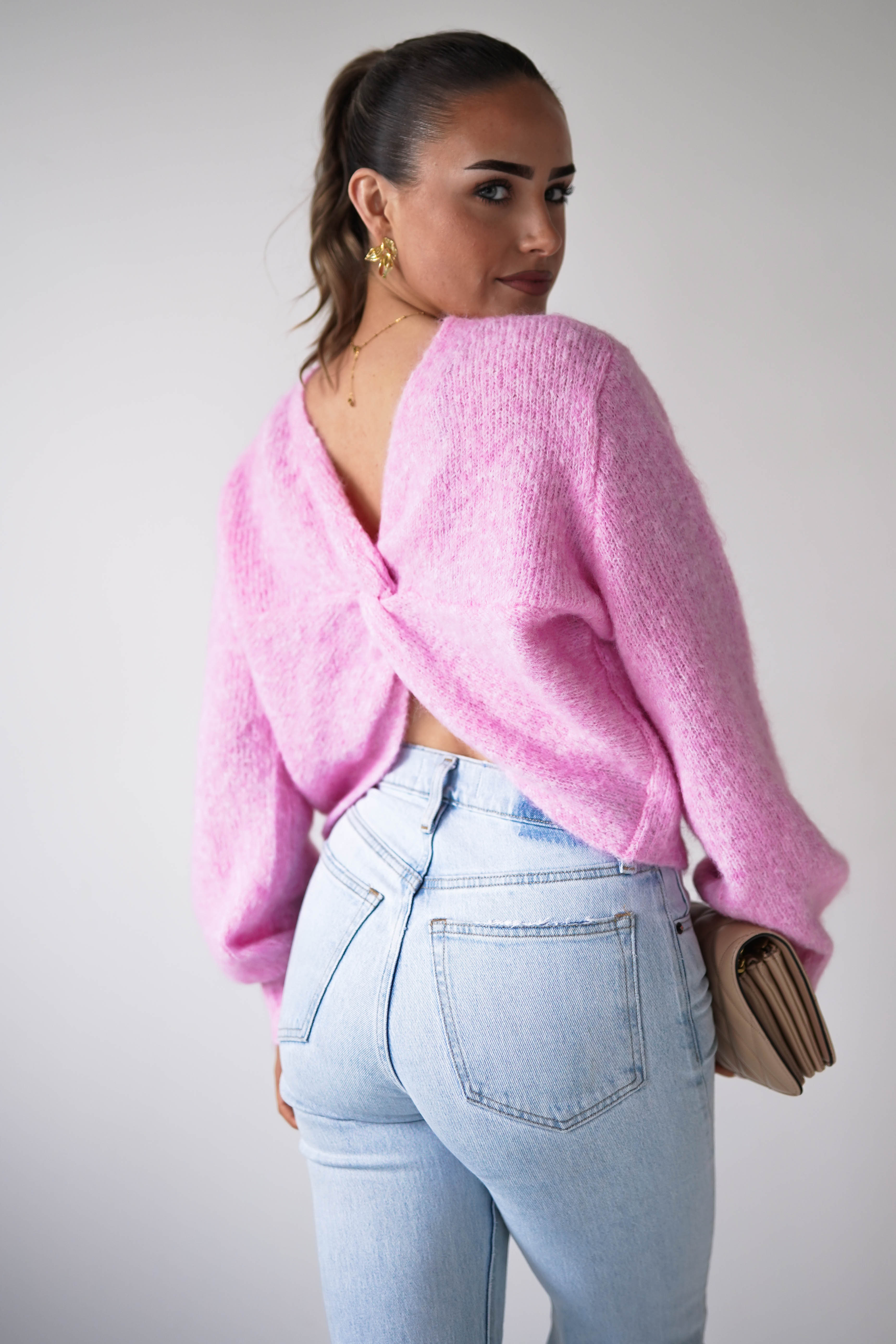 Oh Hello Clothing Women > Clothing > Knitwear ONE SIZE (6/12) 1*DONE- KILKY-Two-Way Twist Knit Jumper – Pink-yp1879