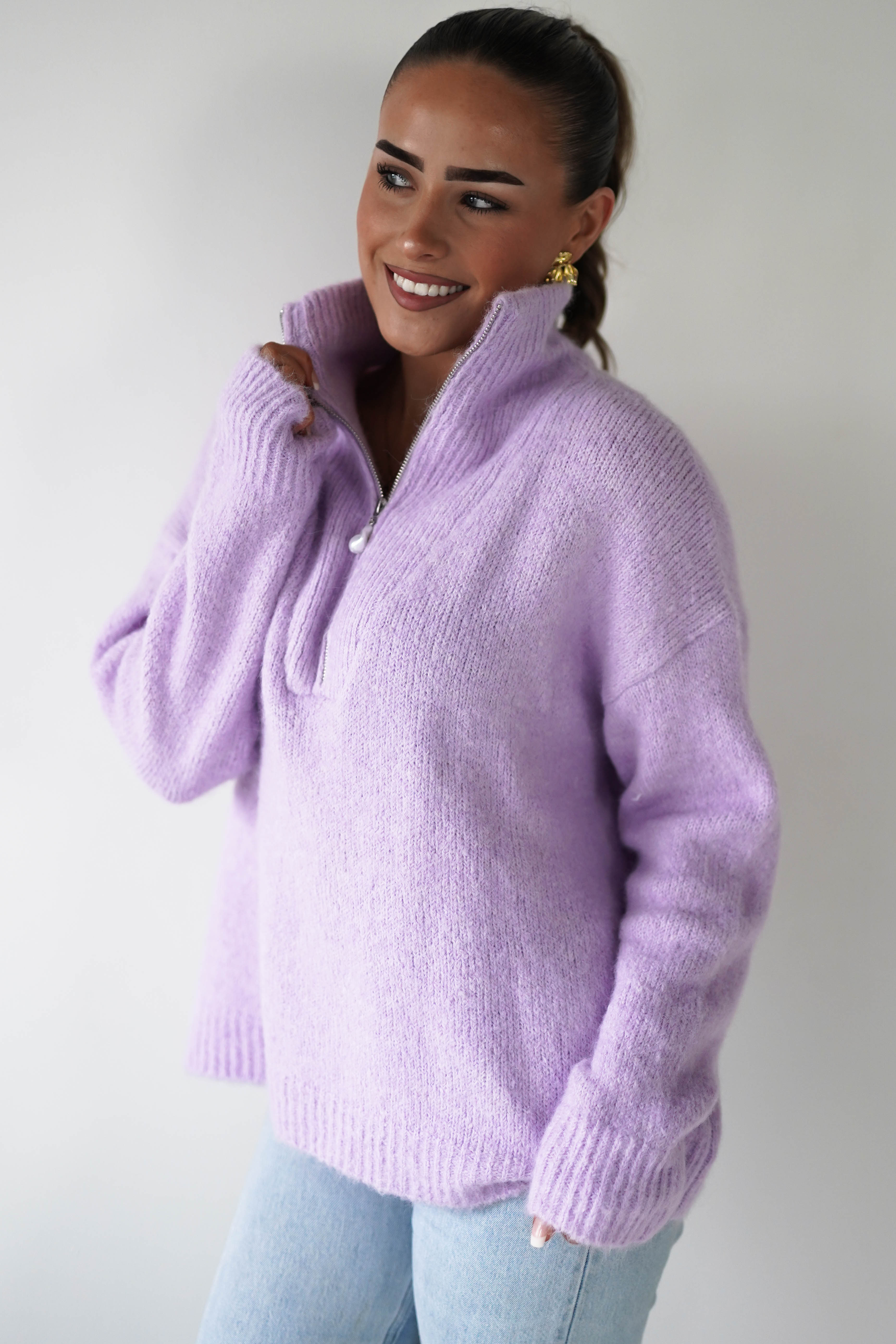 Oh Hello Clothing Women > Clothing > Knitwear ONE SIZE (6/12) 1*DONE- KILKY-Zip Neck Knit Jumper – Lilac-yp1277