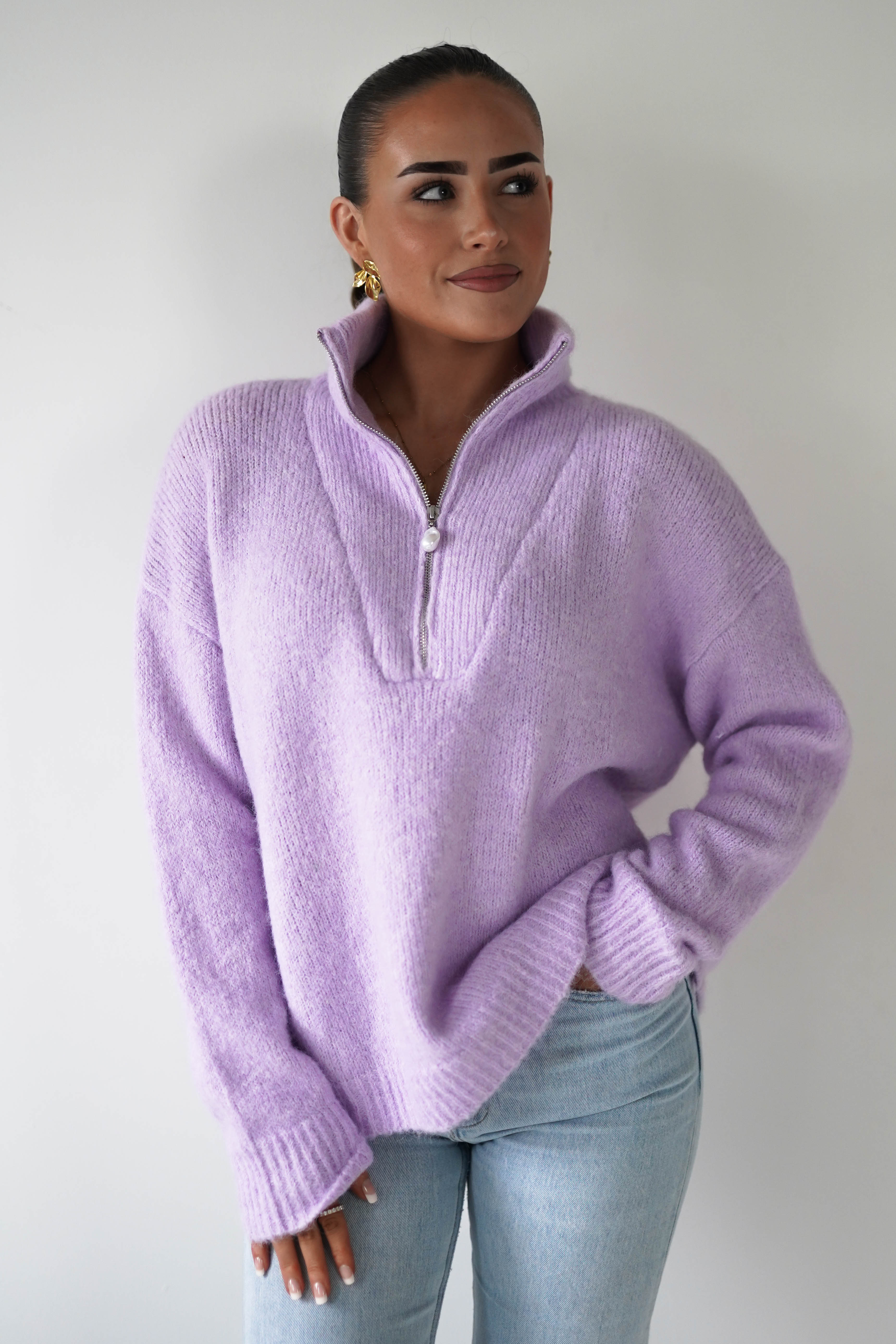 Oh Hello Clothing Women > Clothing > Knitwear ONE SIZE (6/12) 1*DONE- KILKY-Zip Neck Knit Jumper – Lilac-yp1277