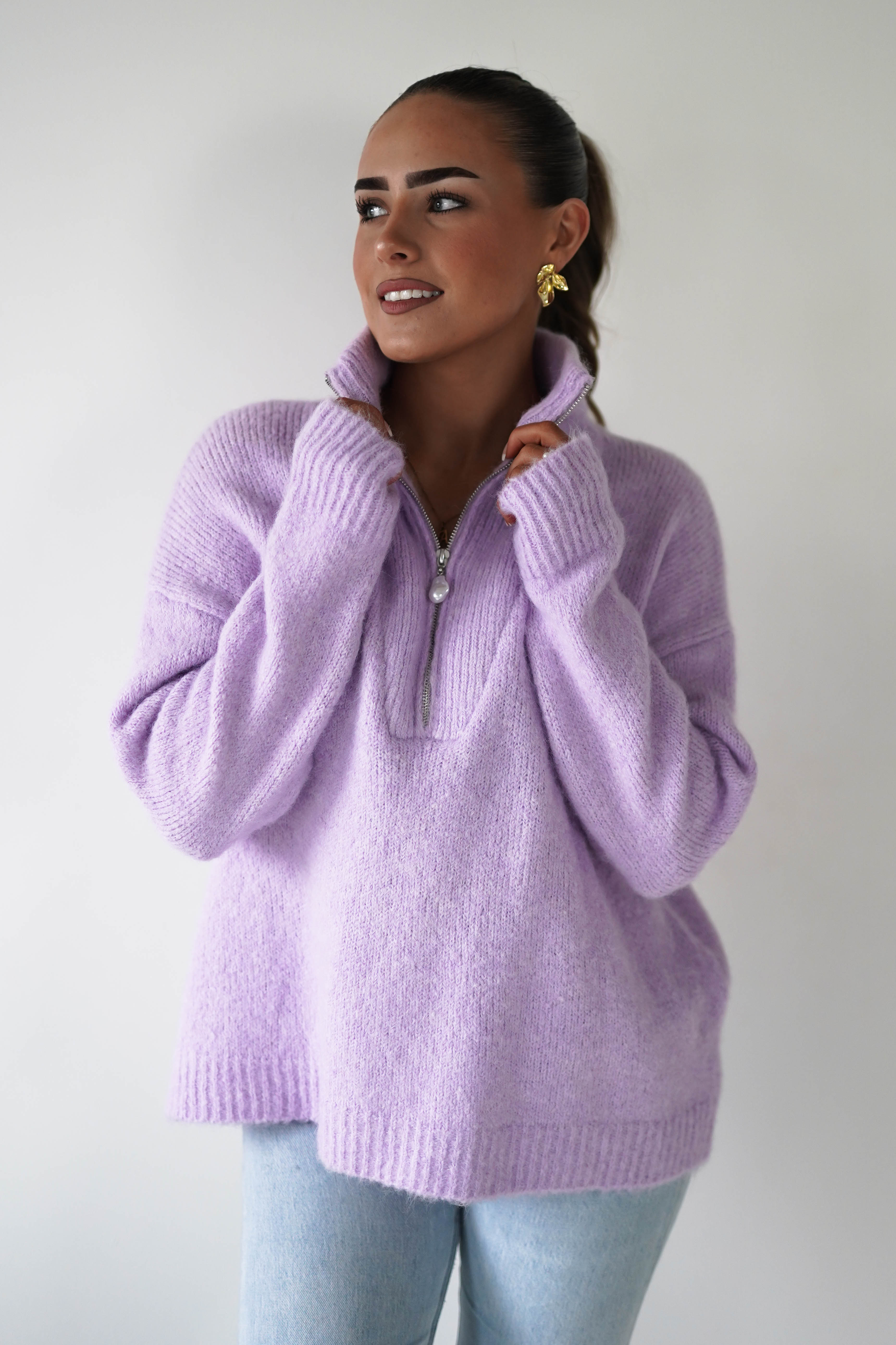 Oh Hello Clothing Women > Clothing > Knitwear ONE SIZE (6/12) 1*DONE- KILKY-Zip Neck Knit Jumper – Lilac-yp1277