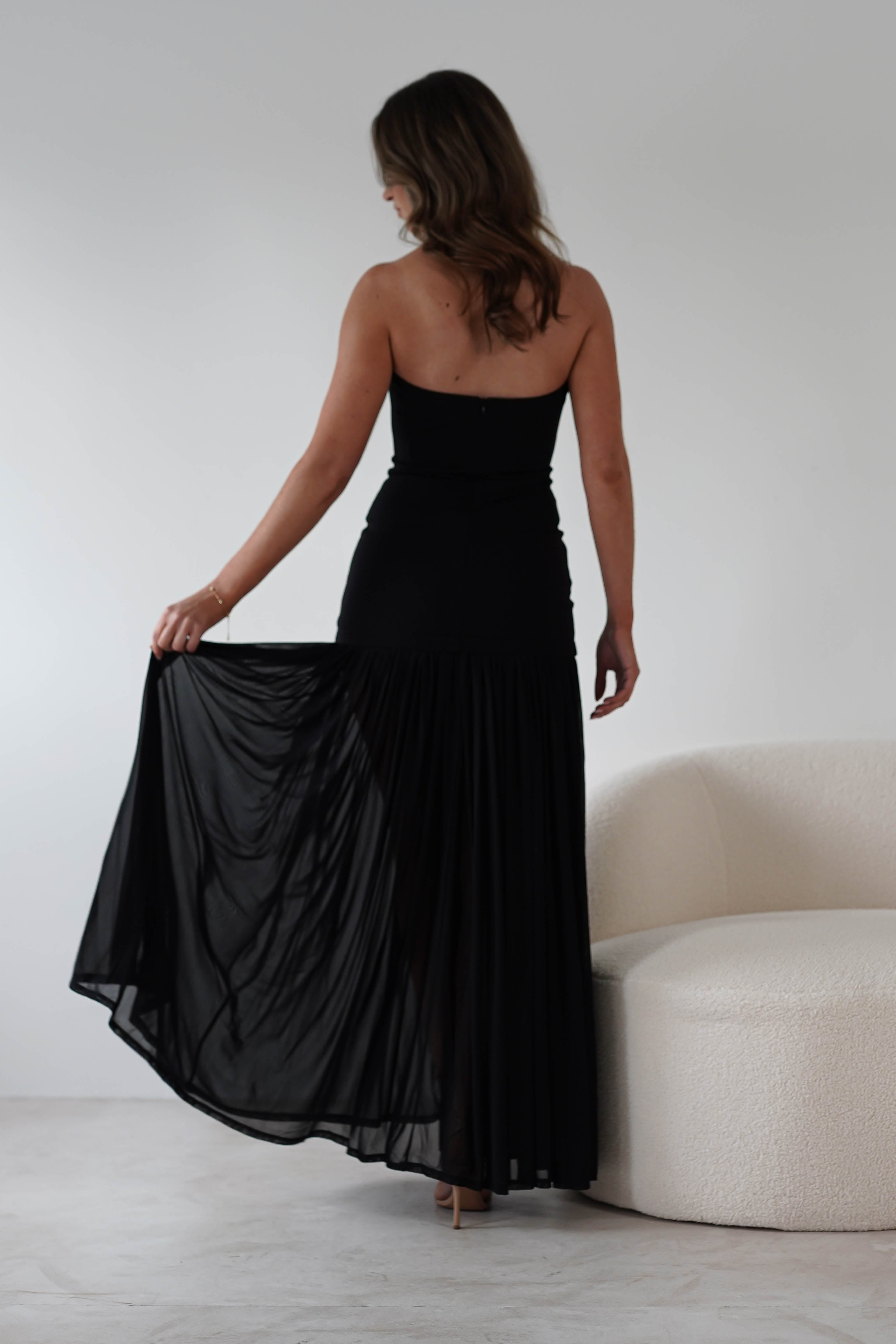 Mel Strapless Chiffon Skirt Maxi Dress | Black