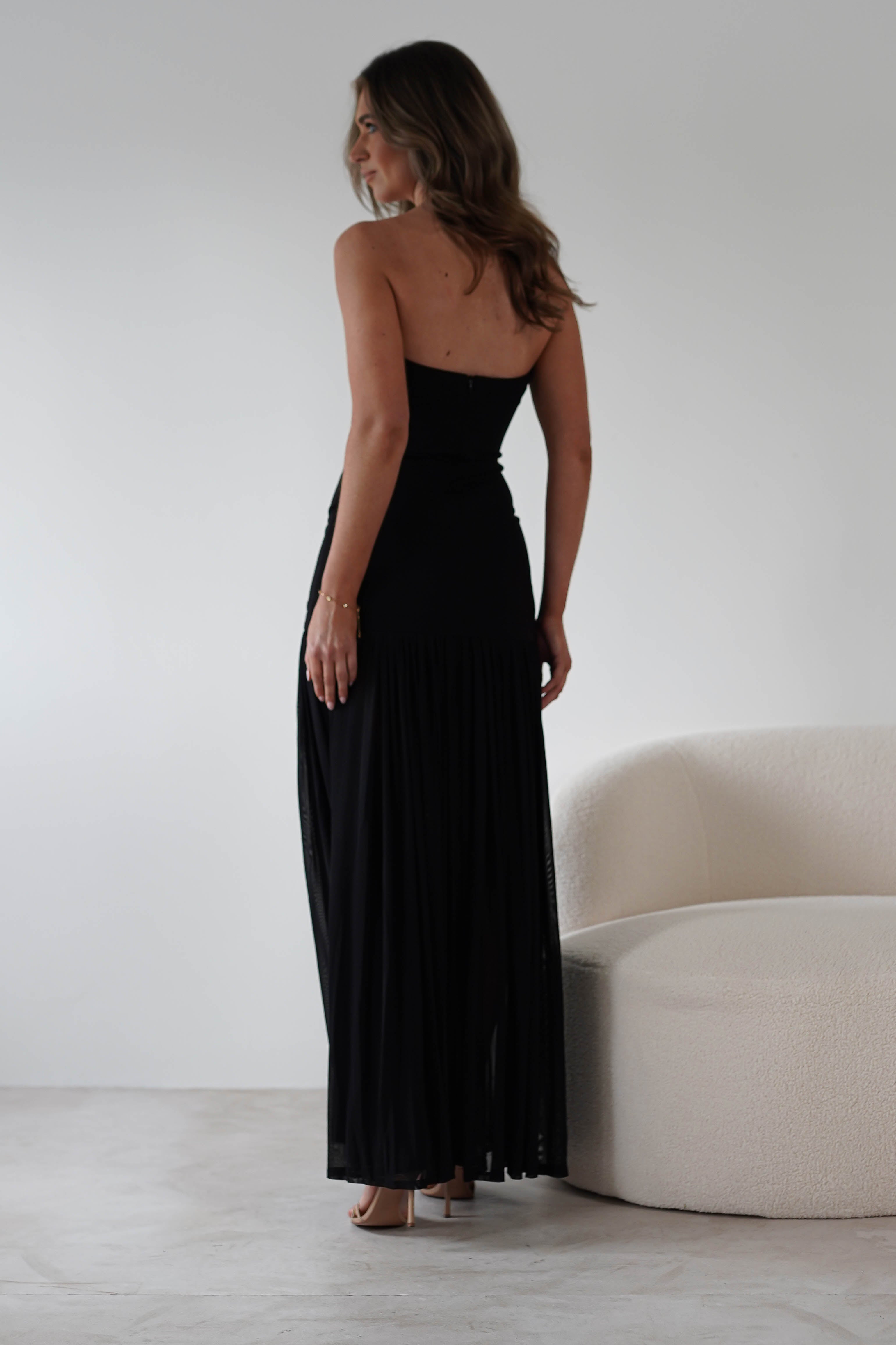 Mel Strapless Chiffon Skirt Maxi Dress | Black