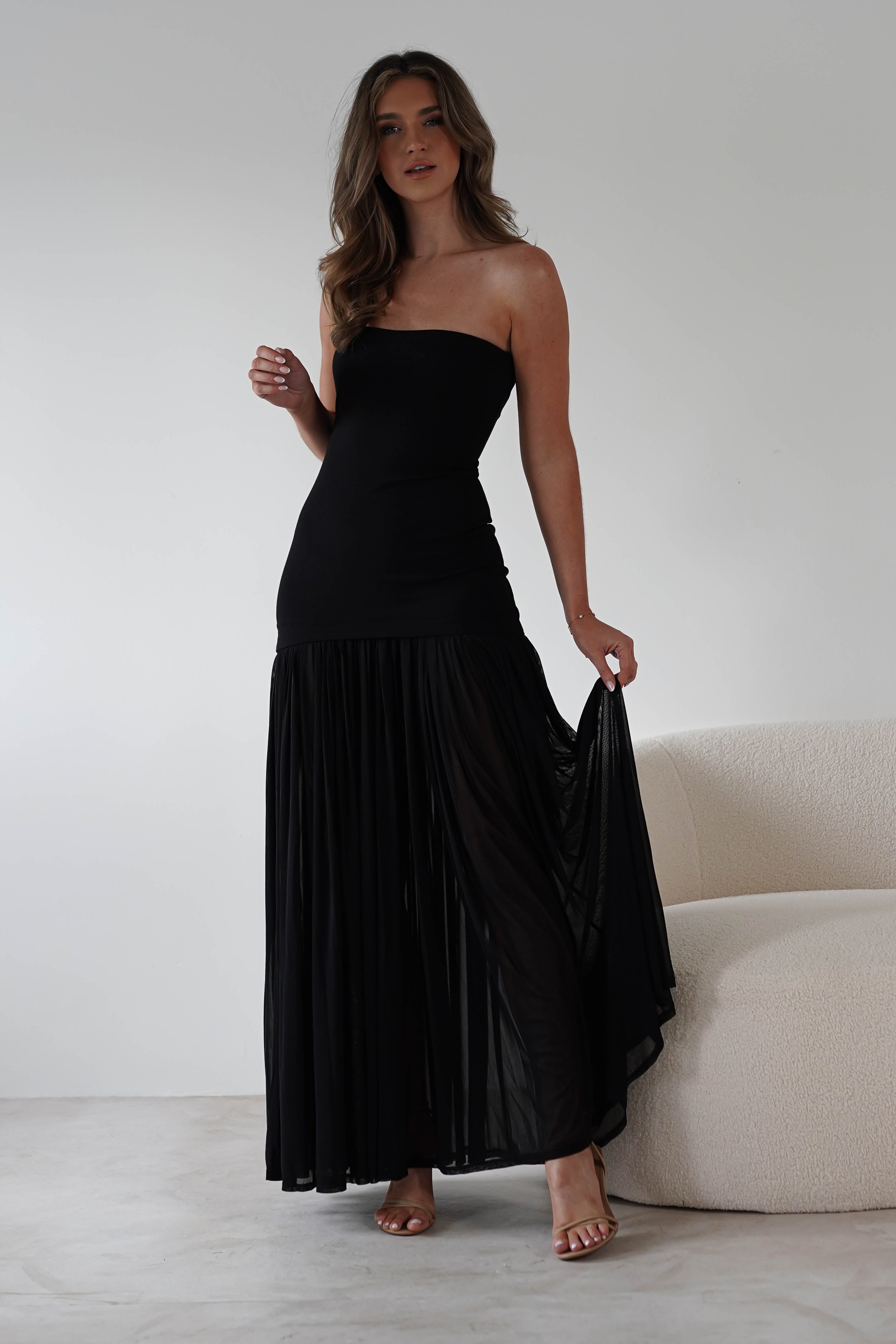 Mel Strapless Chiffon Skirt Maxi Dress | Black