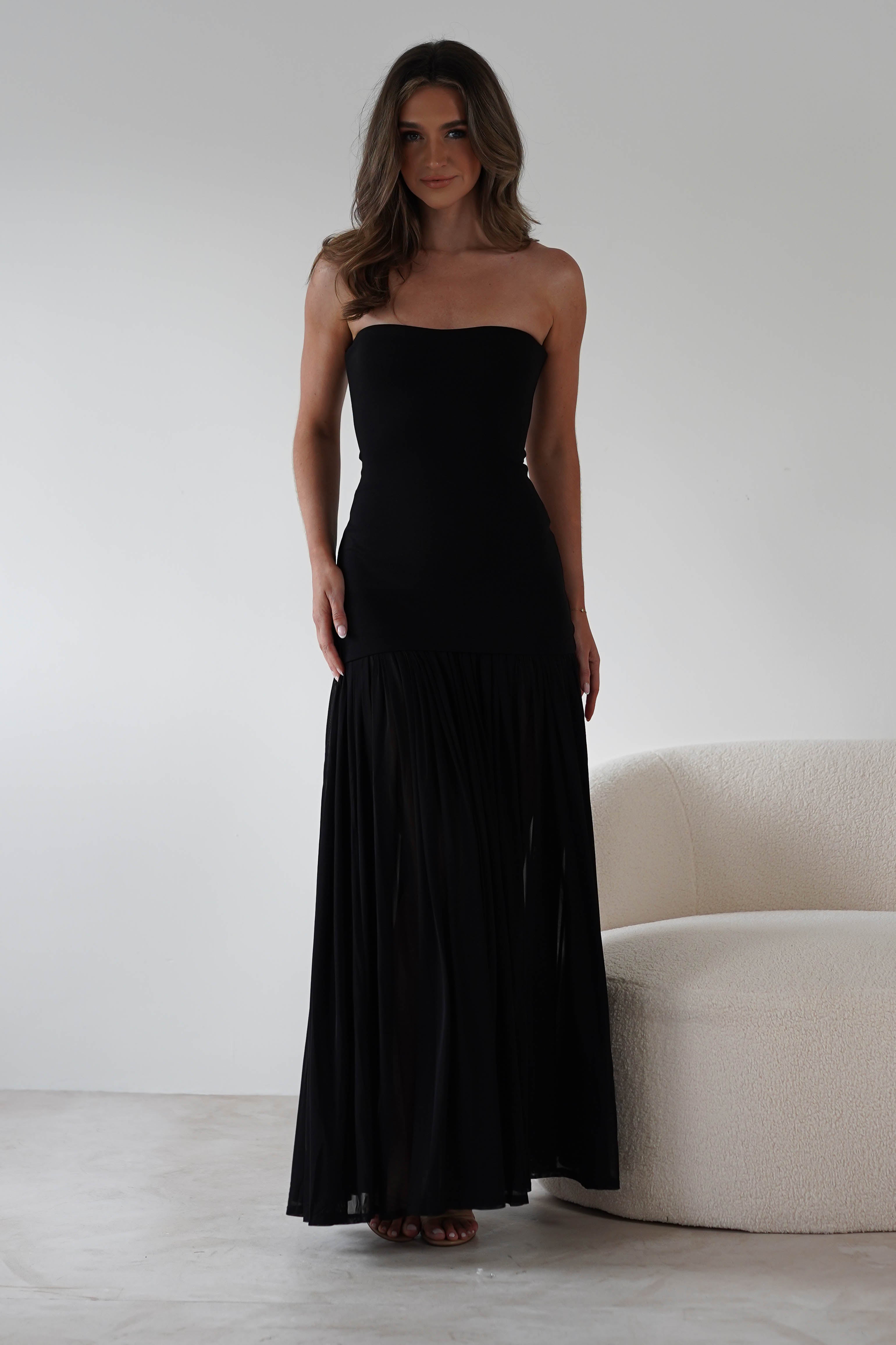 Mel Strapless Chiffon Skirt Maxi Dress | Black