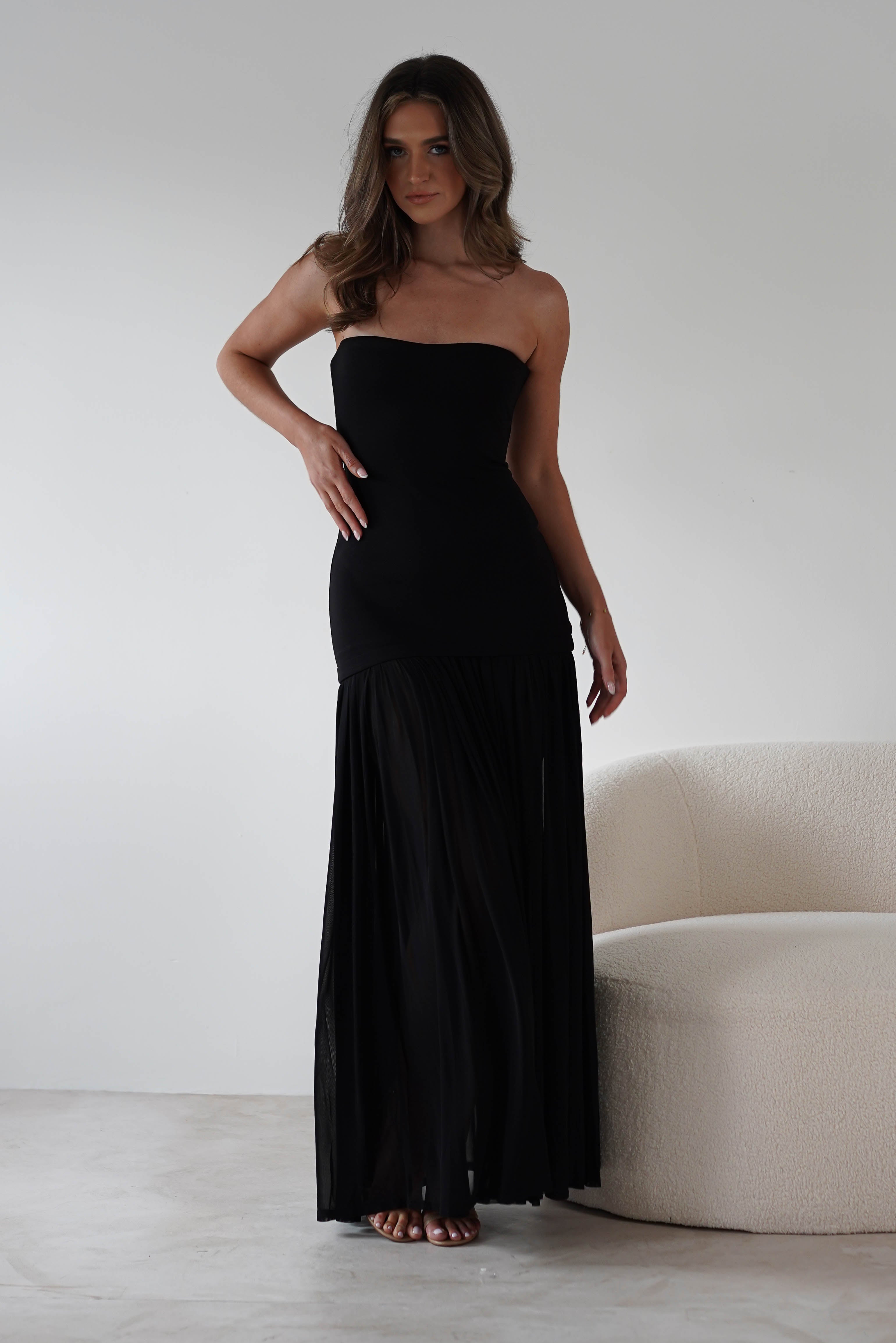 Mel Strapless Chiffon Skirt Maxi Dress | Black