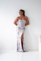 Oh Hello Clothing Women > Clothing > Dresses 1*DONE -LOVESOME-CD30630-1-Blue Floral Sequin Maxi Dress with Lace-Up Back