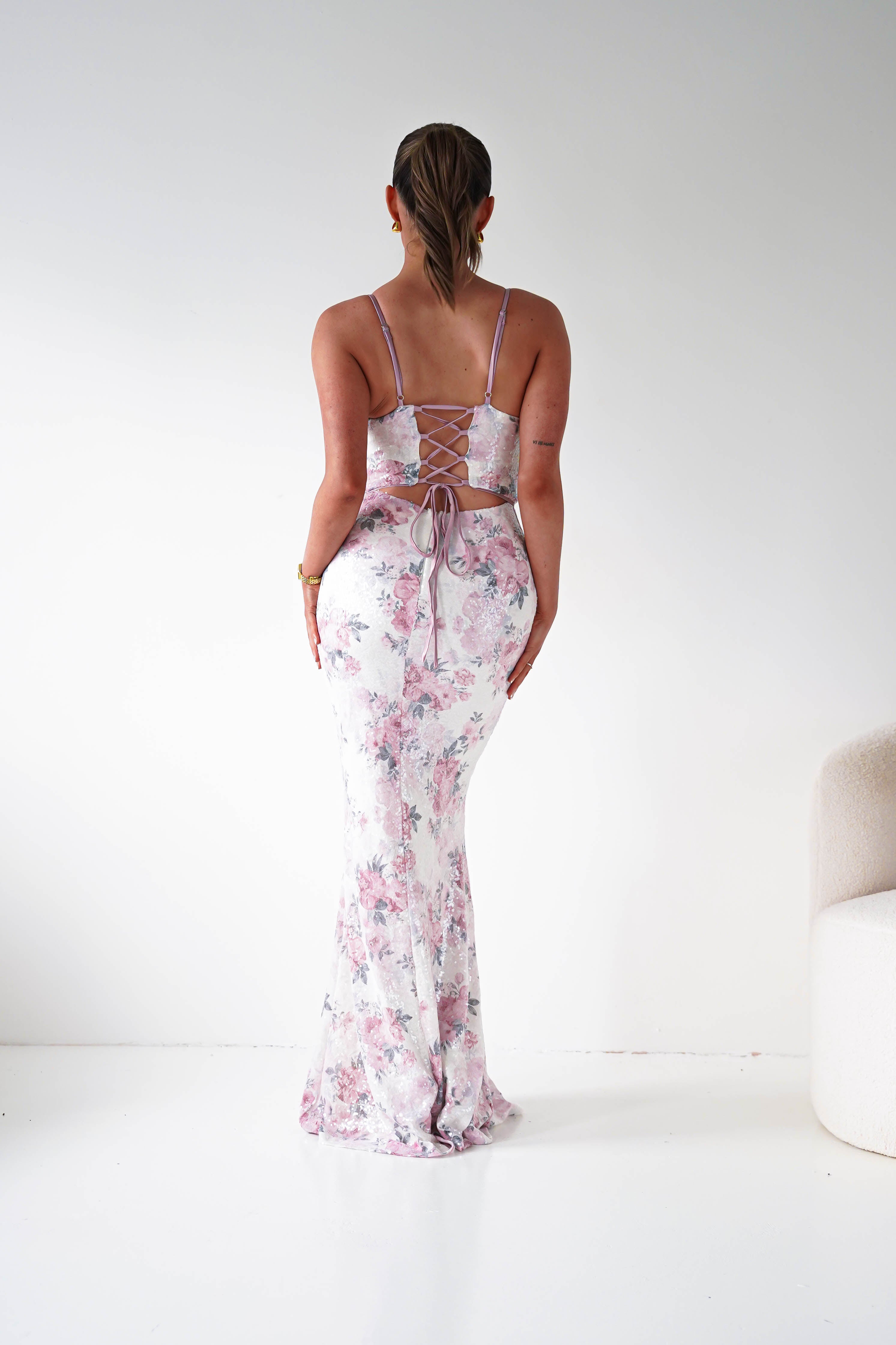 Oh Hello Clothing Women > Clothing > Dresses 1*DONE -LOVESOME- CD30898- Pink Floral Corset Maxi Dress with Lace-Up Back