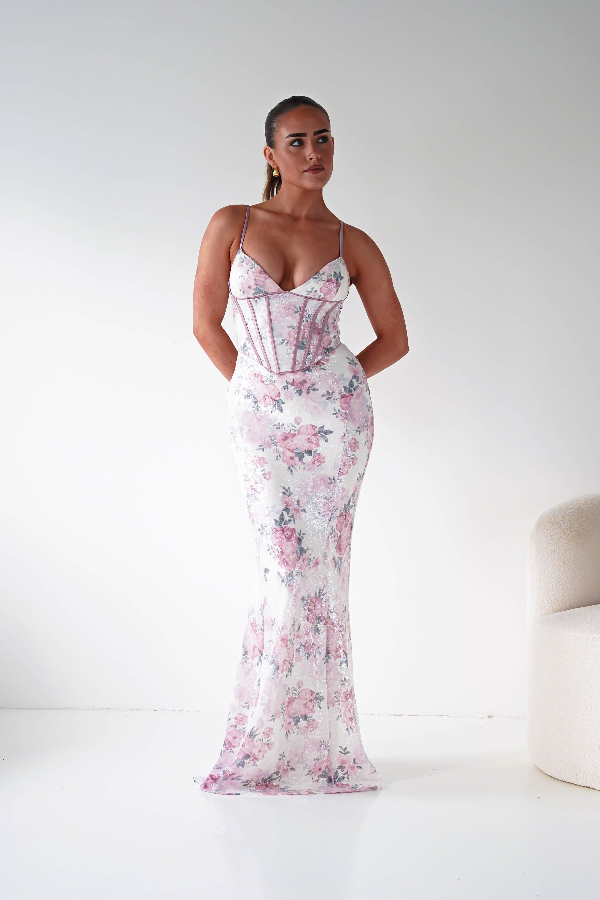 women pink floral dress Anessa Sequin Corset Maxi | Beige/Pink SELENA Long Dress Goddess some of which have bundle_eligible:Yes Size:5/M-L