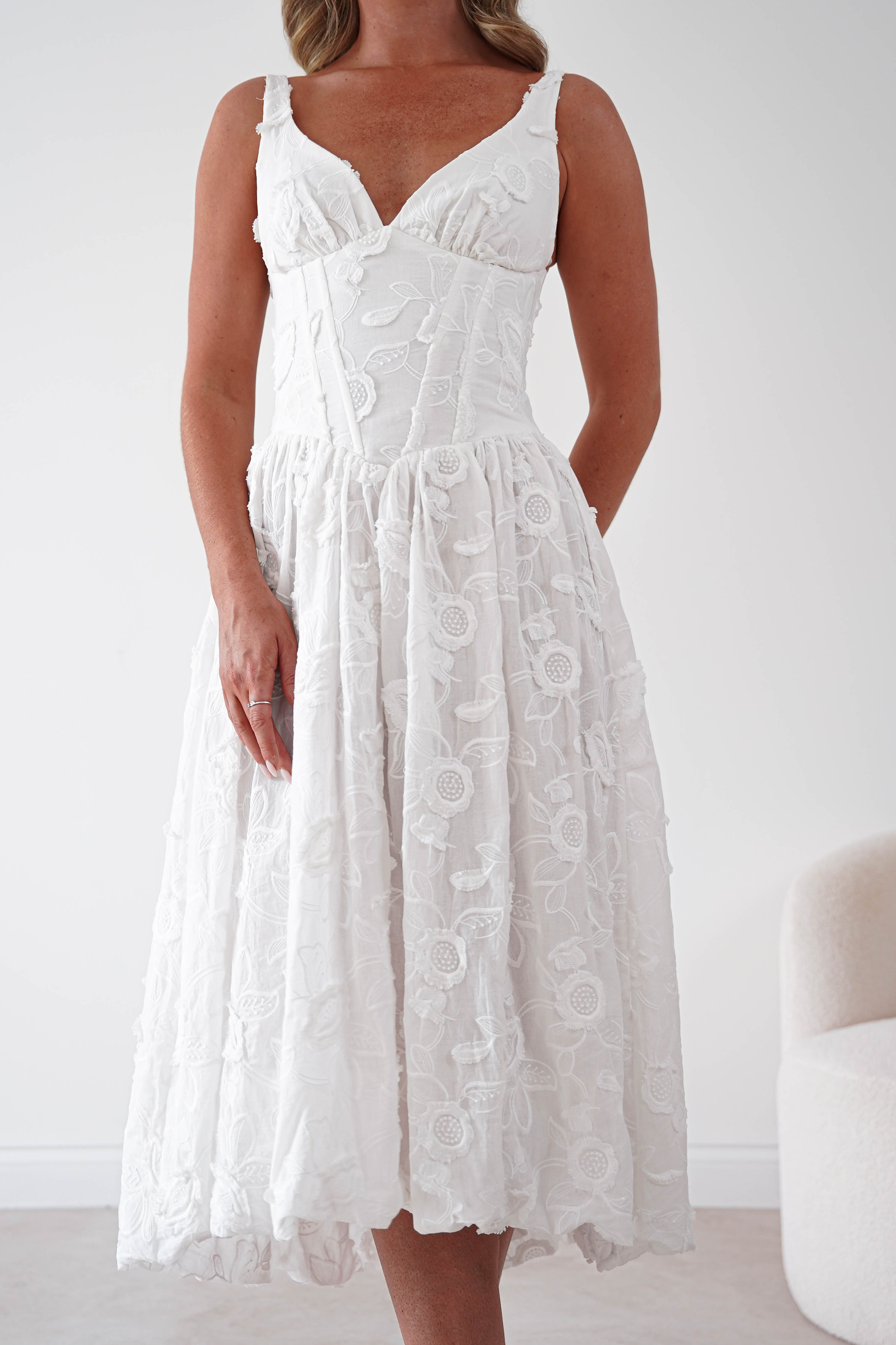 Oh Hello Clothing Women > Clothing > Dresses 1*DONE-LUXXEL-LD12613-White Floral Textured Midi Dress
