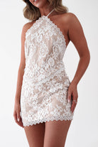 Oh Hello Clothing Women > Clothing > Dresses 1*DONE-LUXXEL-LD12724-Lace Halterneck Tie-Back MINI DRESS