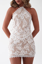 Oh Hello Clothing Women > Clothing > Dresses 1*DONE-LUXXEL-LD12724-Lace Halterneck Tie-Back MINI DRESS
