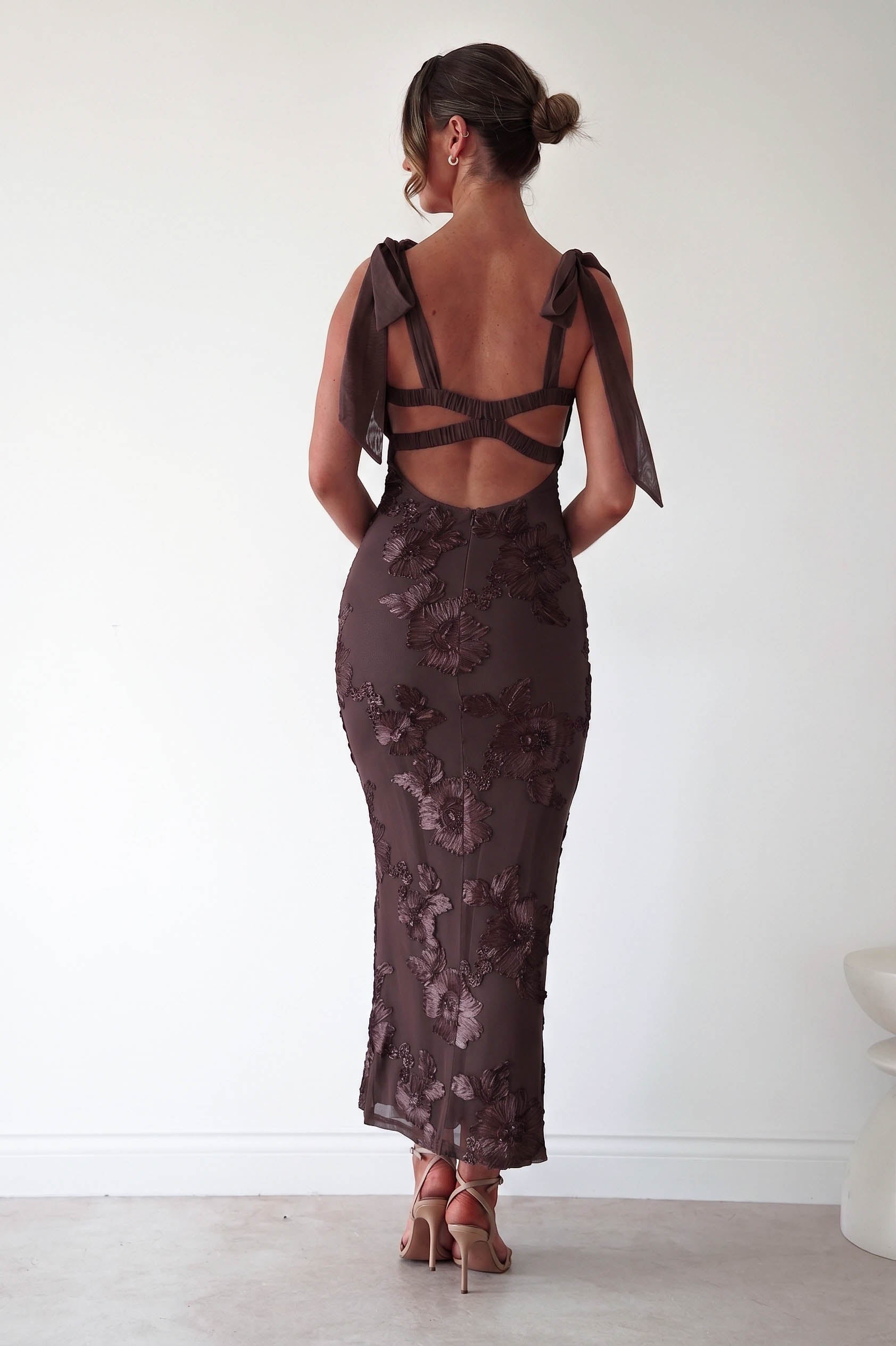 Oh Hello Clothing Women > Clothing > Dresses 1*DONE-Mahalia Floral Appliqué Maxi Dress | Brown Copy)