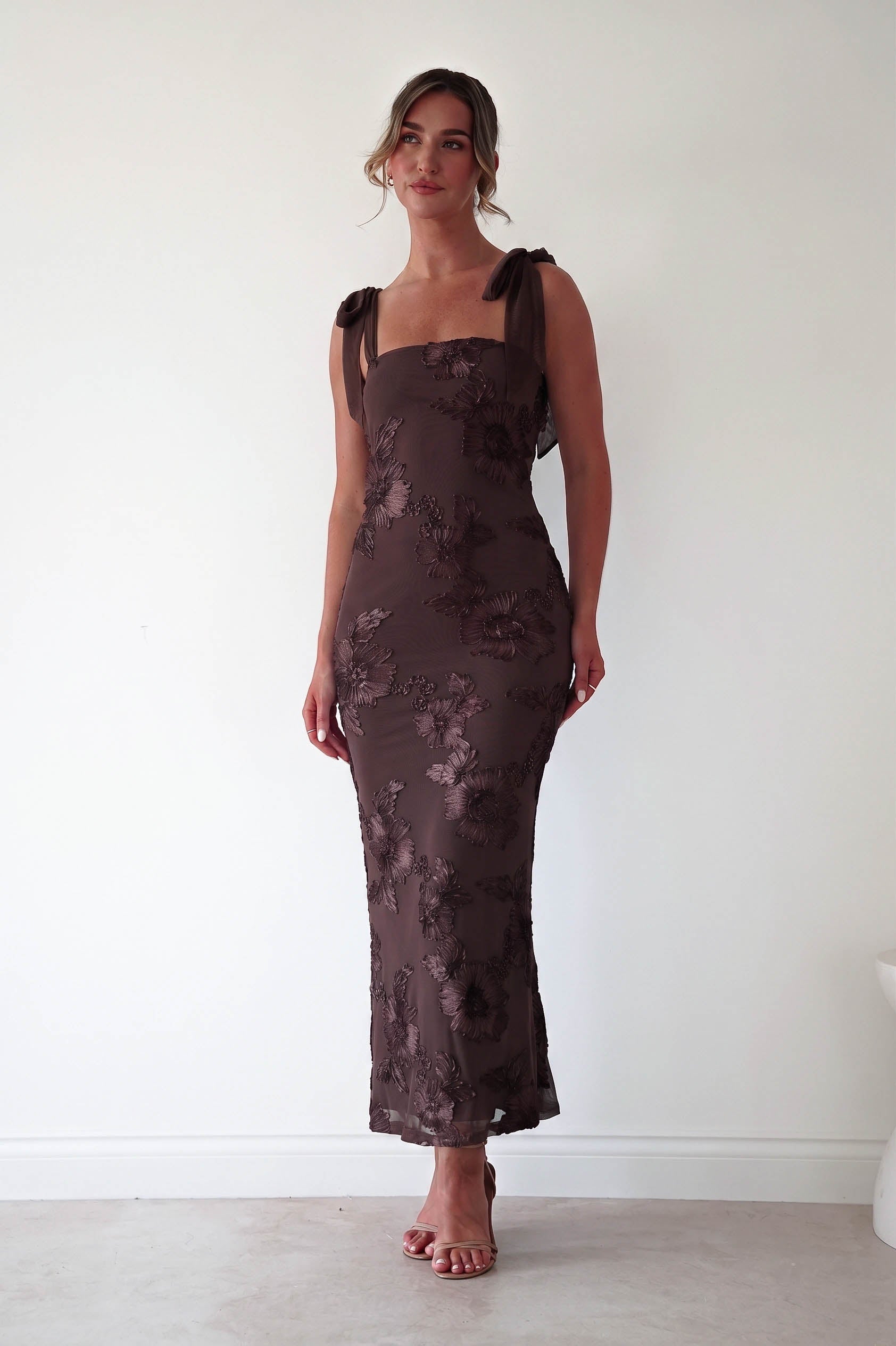 Oh Hello Clothing Women > Clothing > Dresses 1*DONE-Mahalia Floral Appliqué Maxi Dress | Brown Copy)
