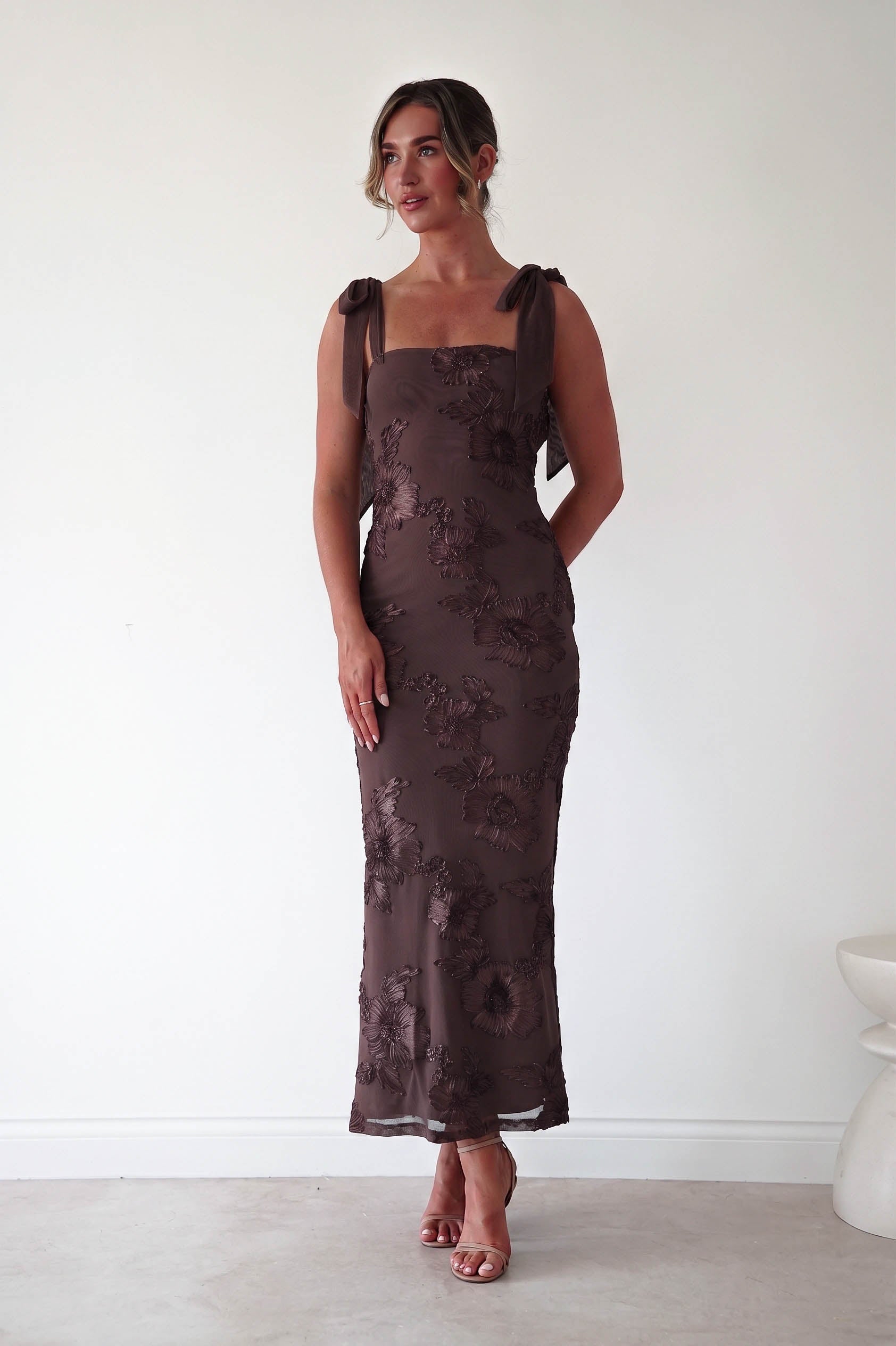 Oh Hello Clothing Women > Clothing > Dresses 1*DONE-Mahalia Floral Appliqué Maxi Dress | Brown Copy)