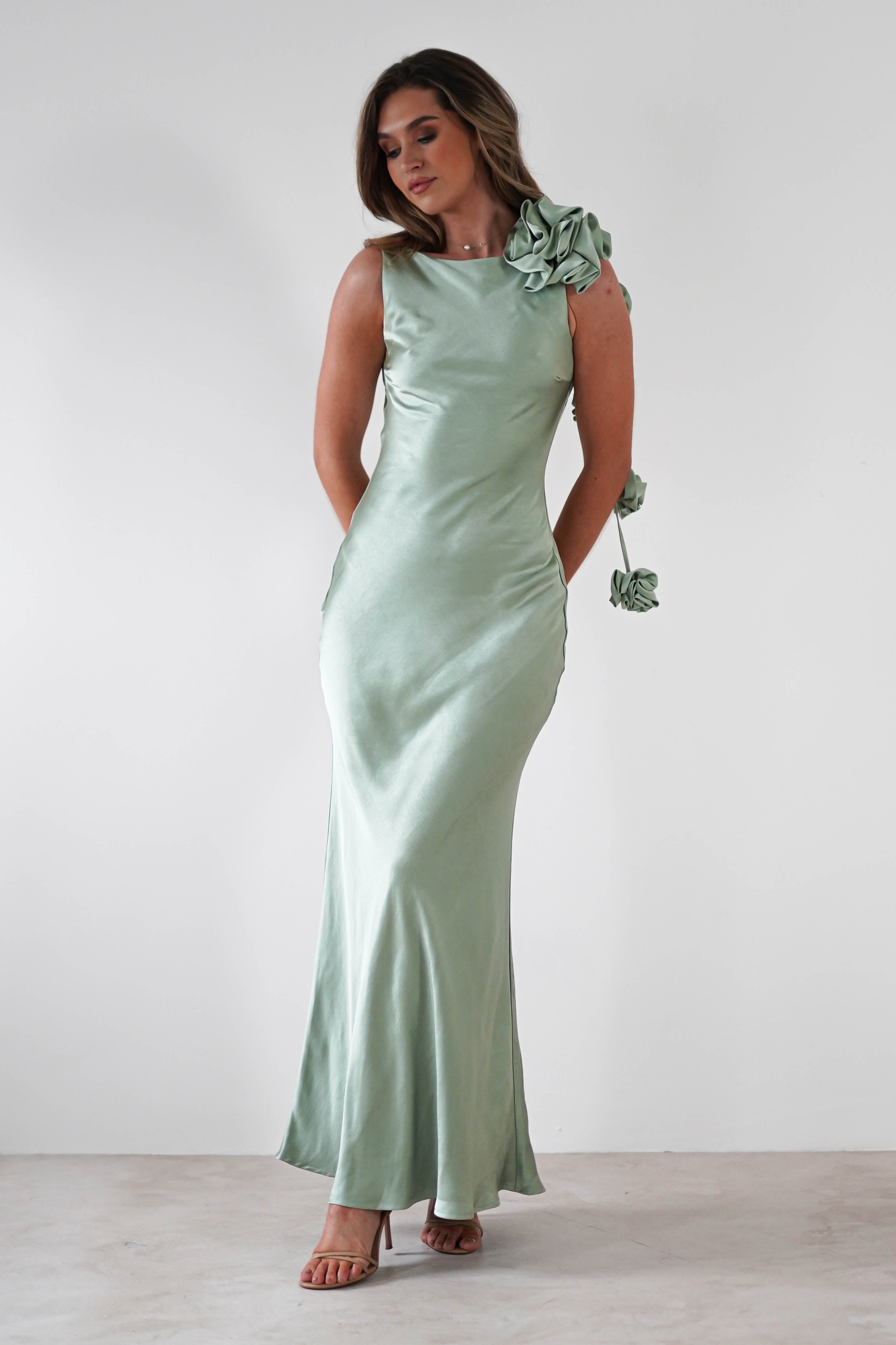 Karley Soft Satin Maxi Dress | Sage Green