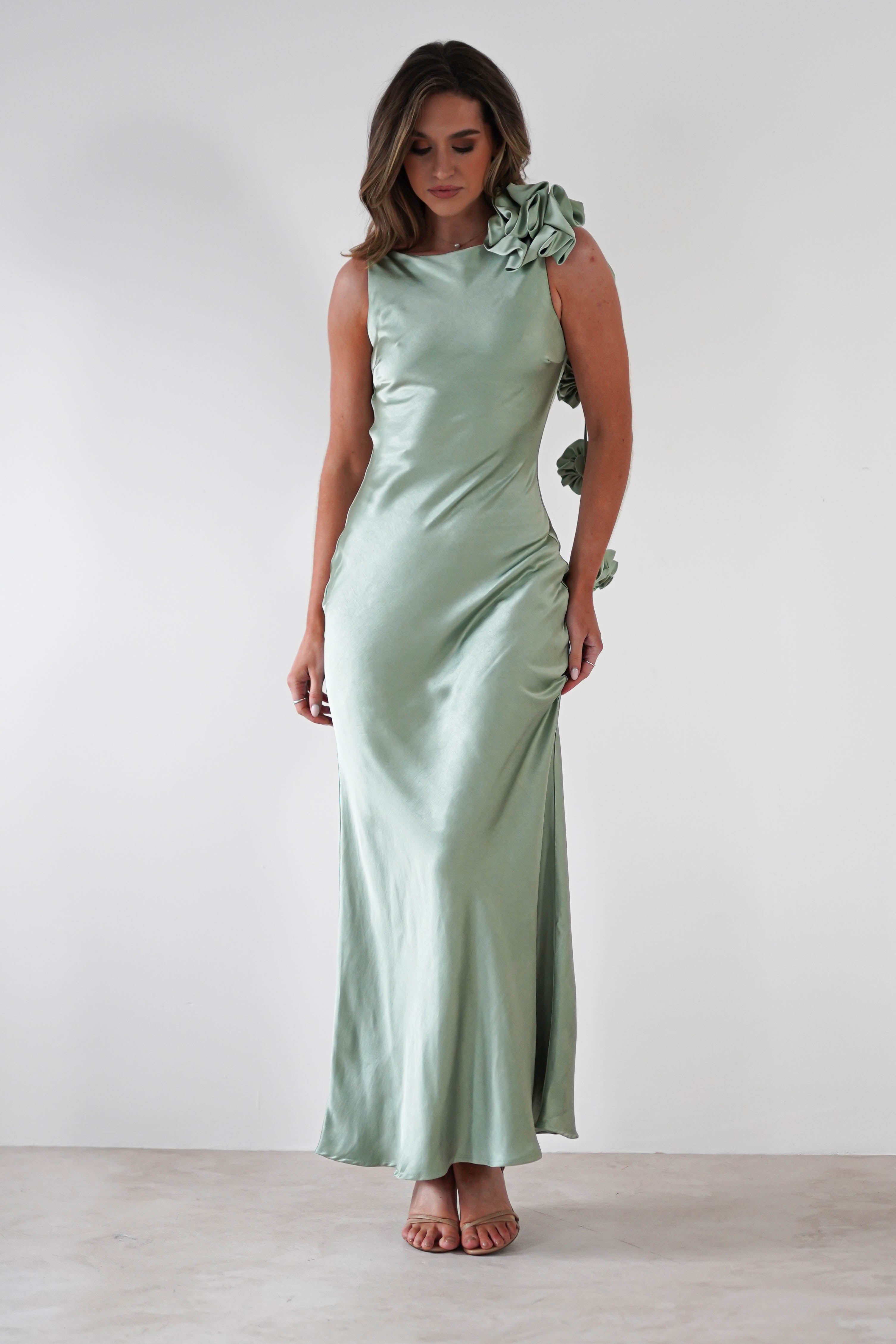 Karley Soft Satin Maxi Dress | Sage Green