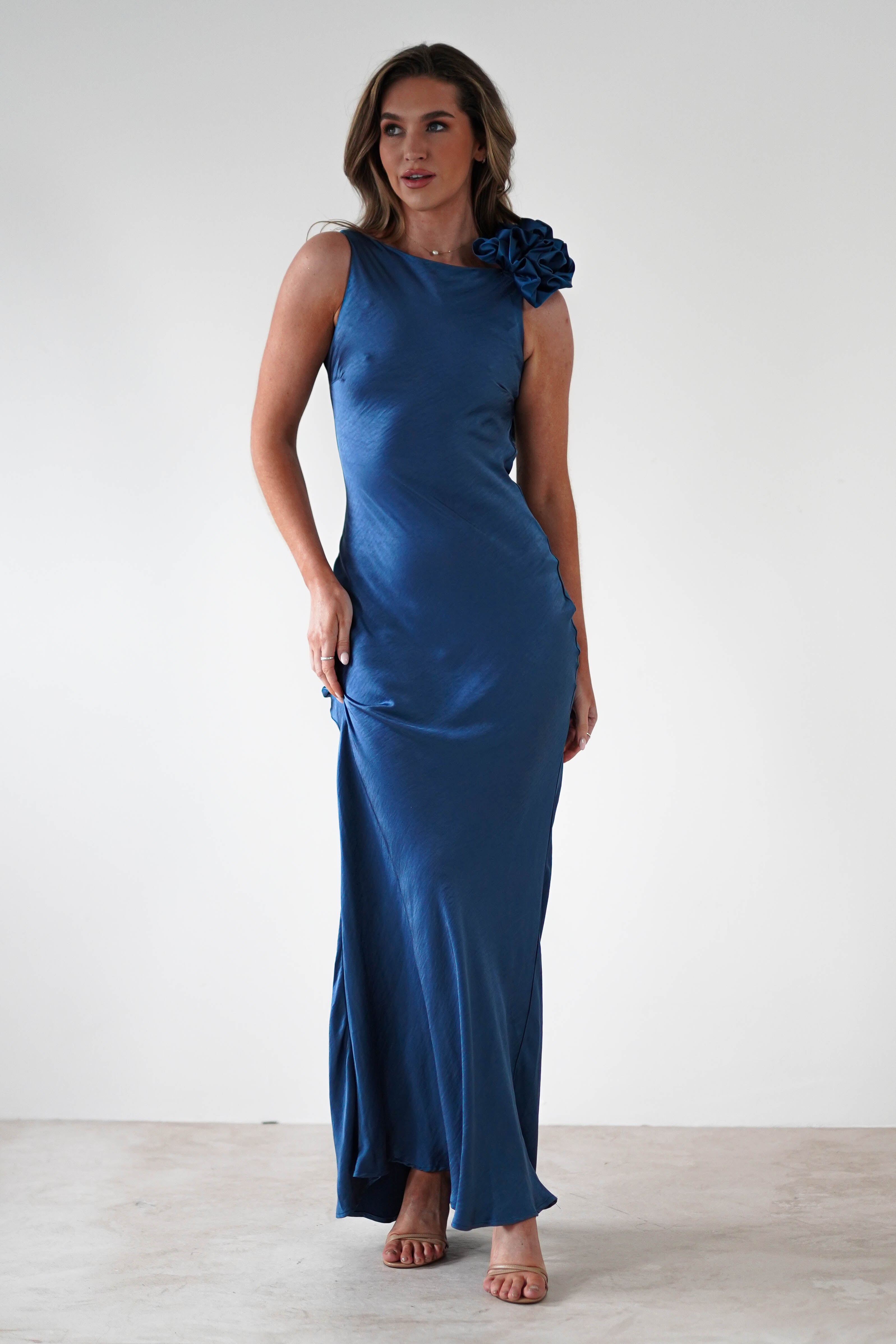 Karley Soft Satin Maxi Dress | Slate Blue