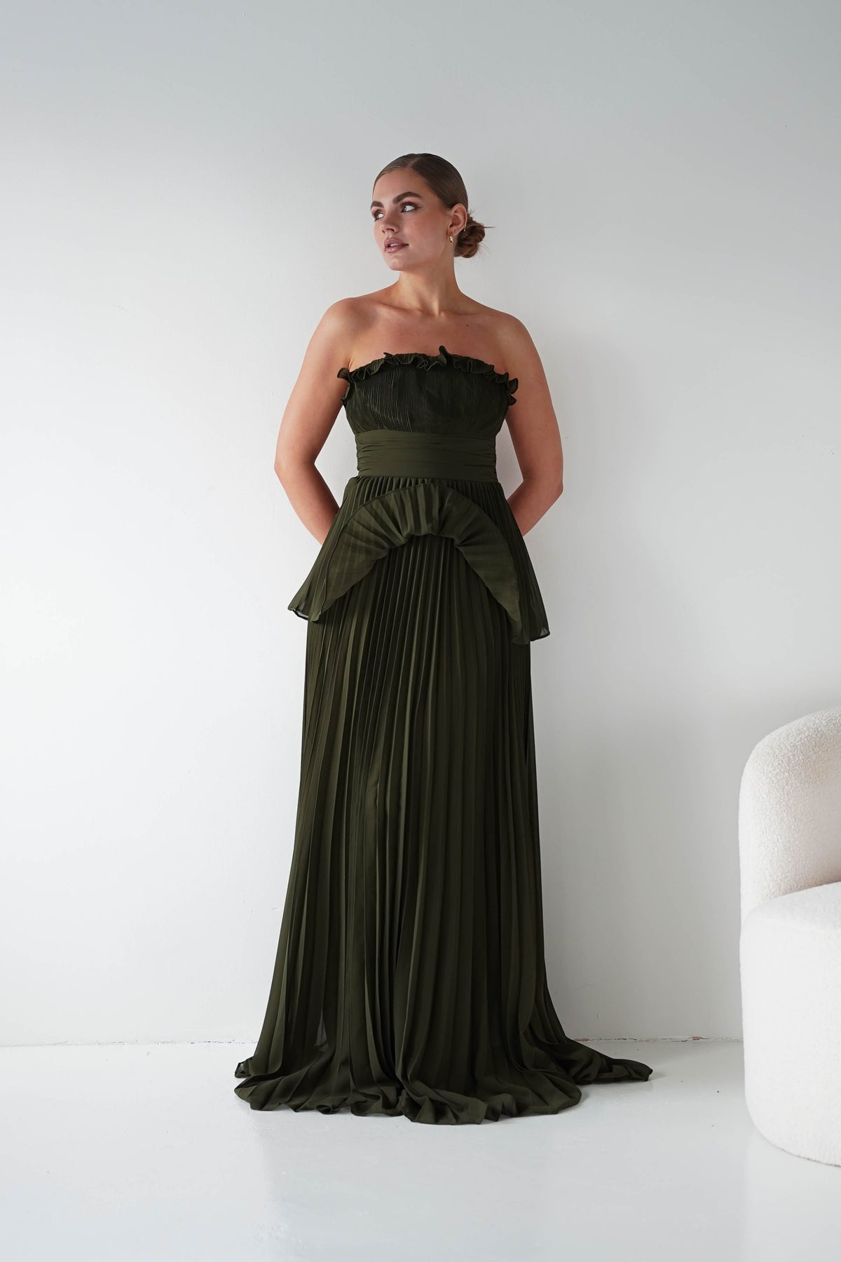 maniju bridesmaid dresses Shania Strapless Pleated Maxi | Olive