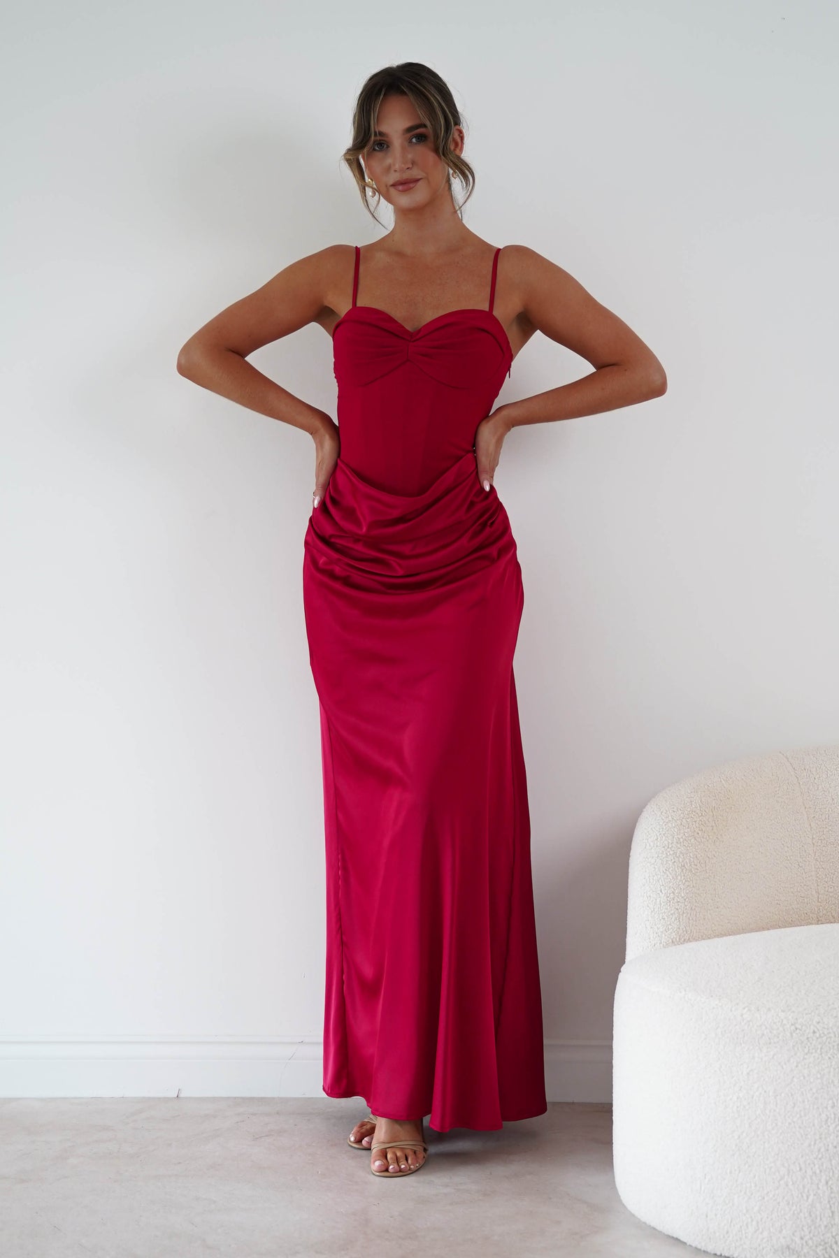 Oh Hello Clothing Women > Clothing > Dresses 1*DONE-MANIJU-MF23222-Red Satin Corset Draped Maxi Dress