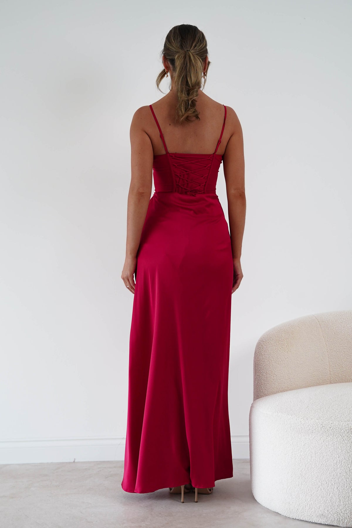 Oh Hello Clothing Women > Clothing > Dresses 1*DONE-MANIJU-MF23222-Red Satin Corset Draped Maxi Dress