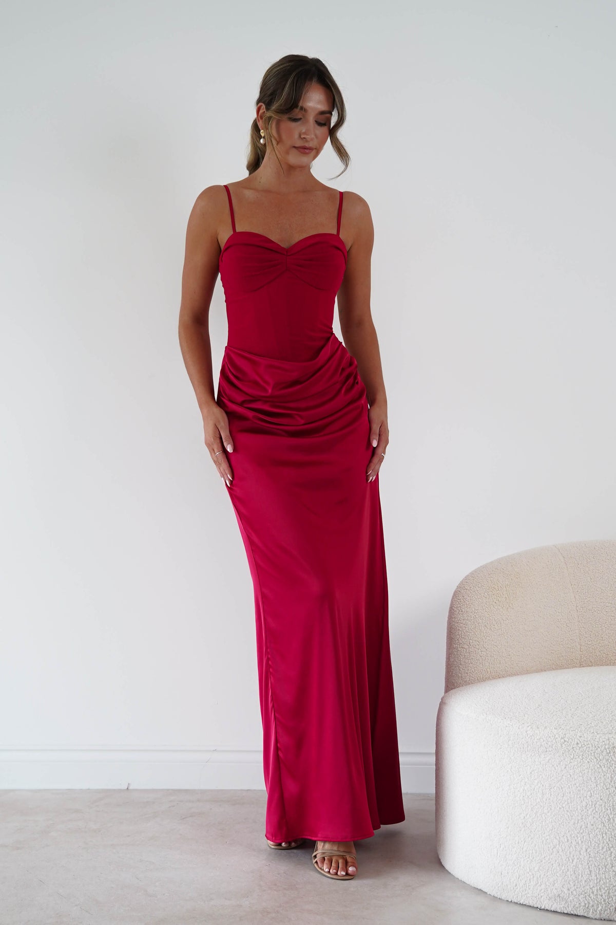 Oh Hello Clothing Women > Clothing > Dresses 1*DONE-MANIJU-MF23222-Red Satin Corset Draped Maxi Dress