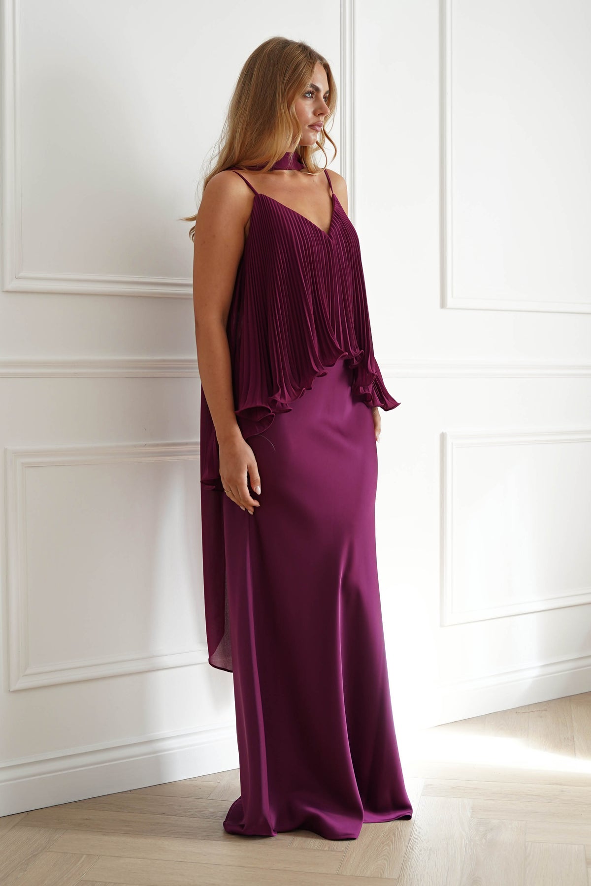 Oh Hello Clothing Women > Clothing > Dresses 1*DONE-MANIJU-MF23347-Plum Pleated Overlay Maxi Dress