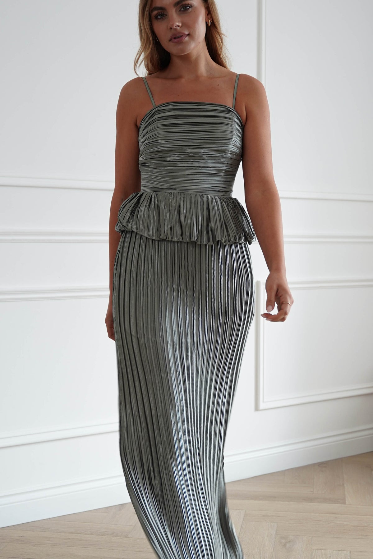 Oh Hello Clothing Women > Clothing > Dresses 1*DONE-MANIJU-MF23390-Sage Pleated Peplum Maxi Dress