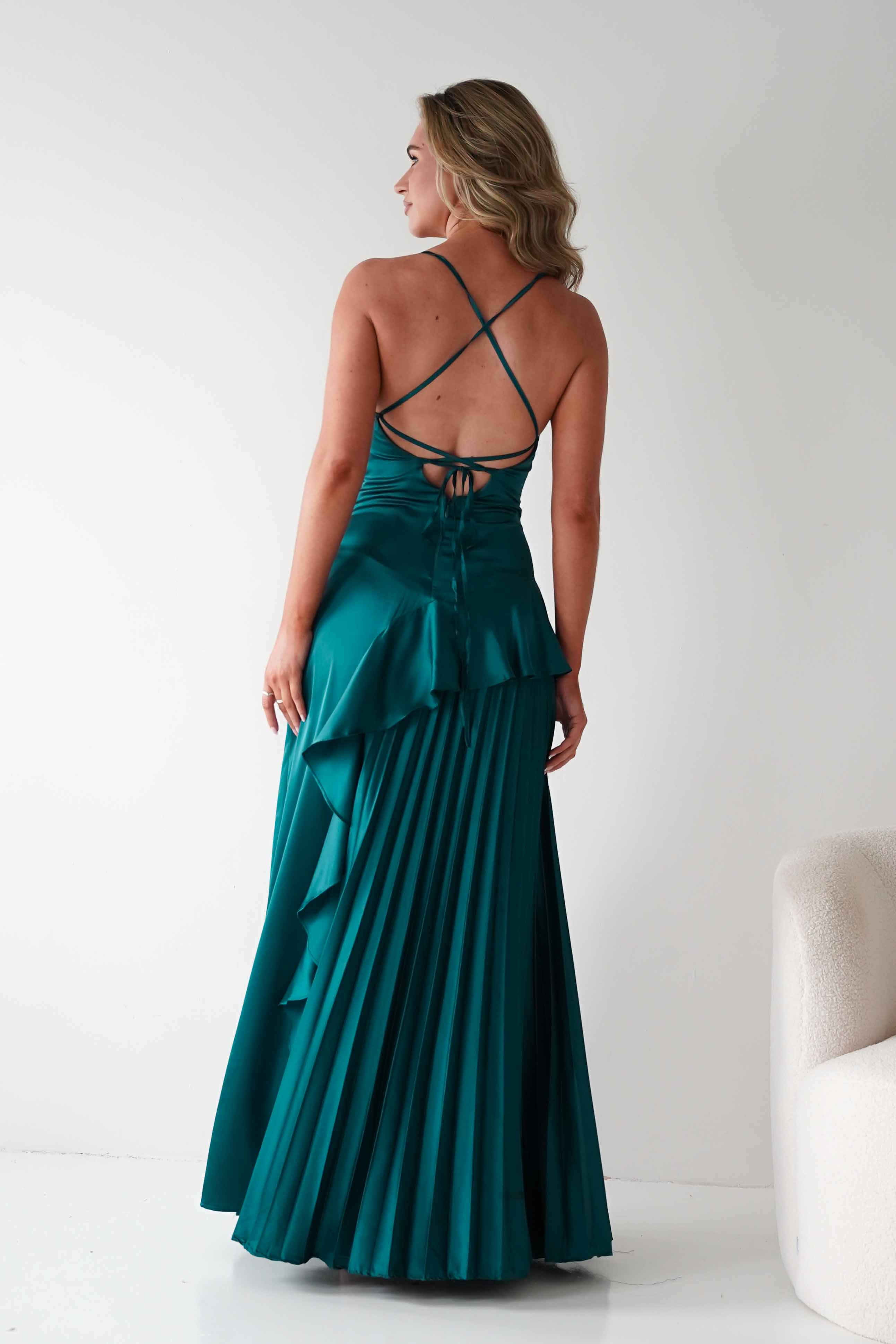 MANIJU Dresses 1*DONE - MANIJU- MF25031-EMERALD dress  with Thin Strap & Lace-Up Back