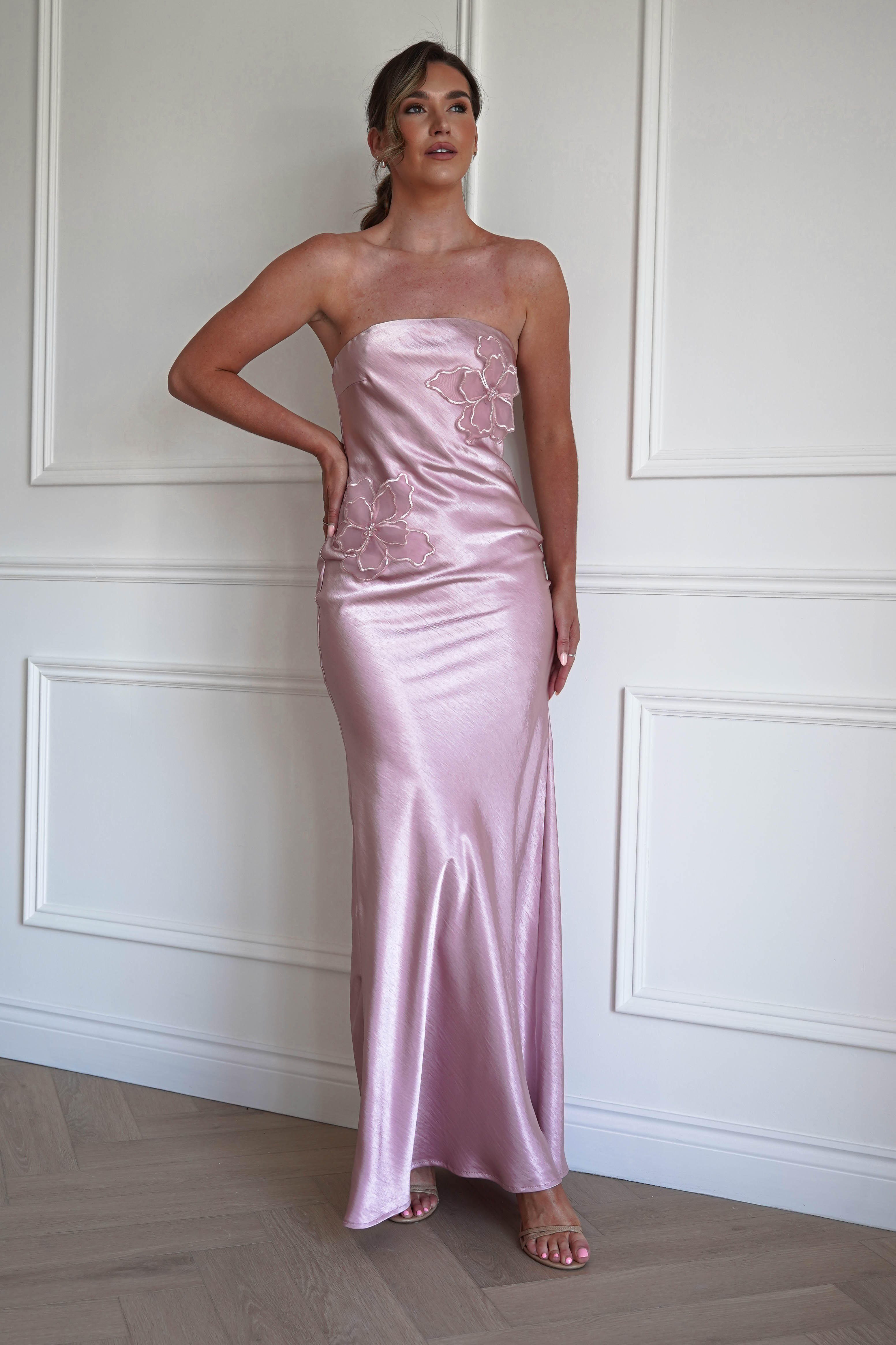 Oh Hello Clothing Women > Clothing > Dresses 1*DONE - MANIJU-MM24562-PINK Floral Appliqué Satin Maxi Dress