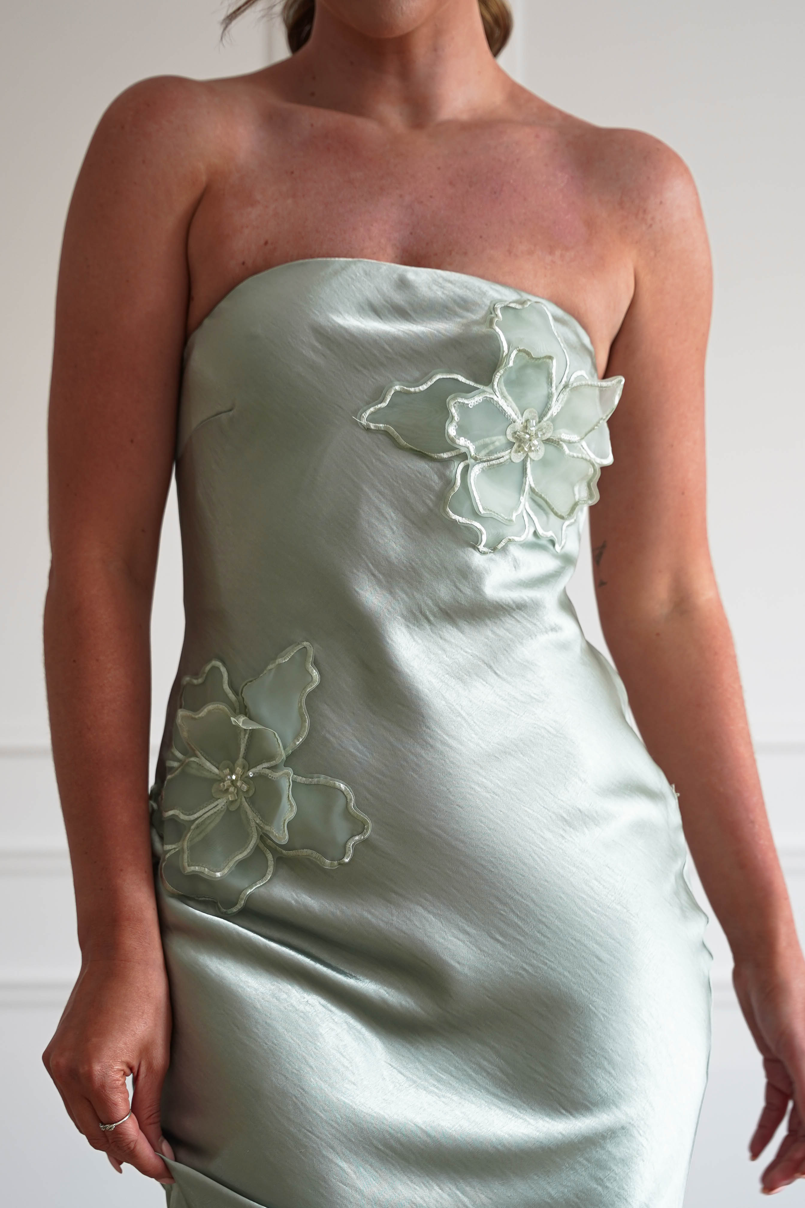 Oh Hello Clothing Women > Clothing > Dresses 1*DONE - MANIJU-MM24562-SAGE Floral Appliqué Satin Maxi Dress