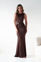 Oh Hello Clothing Dresses 1*DONE - MANIJU- MM25006-brown Draped Gold-Detail Maxi Dress (Copy)
